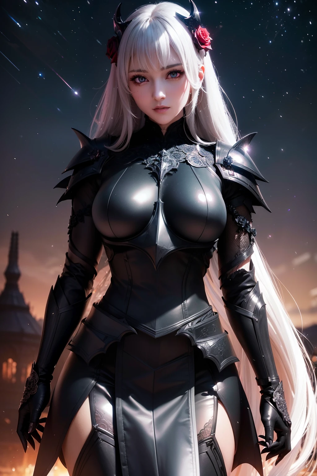 anime realistic and intricate perfect beauty detailed face, detailed sharp galaxy glowing eyes, (((from face to the waist:1. 2))), (((thin beauty shape))) ((in hyper detailed & complex dark dragoon rose knight armor)), masterpiece, 4k, UHD