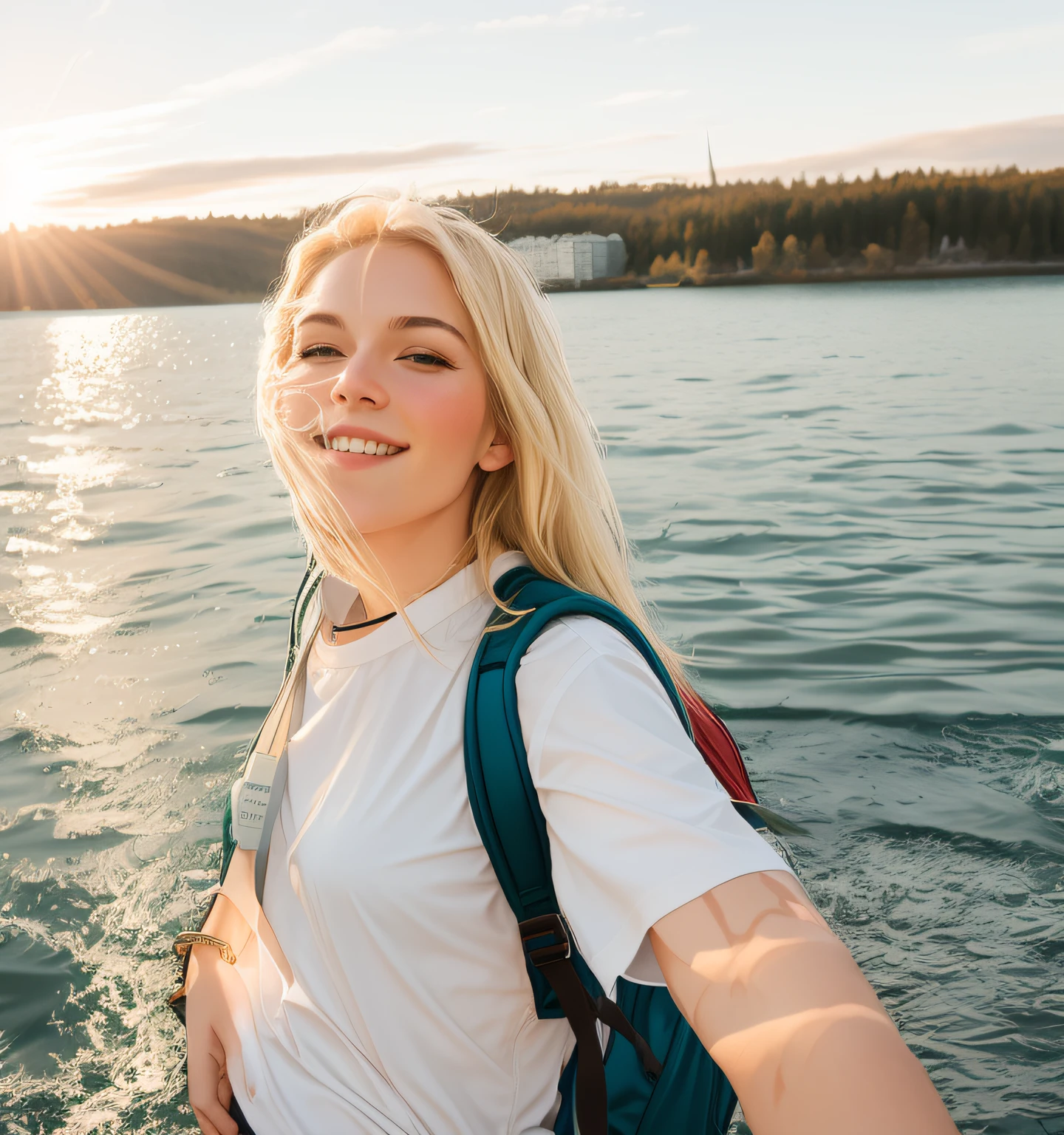 blonde woman with backpack taking a selfie on the boat on a sunny day, Magdalena Andersson, Annato Finnstark, sur un bateau sur un lac, Nina Tryggvadottir, by Grytė Pintukaitė, sur un lac, Linn Olofsdotter, Jenni Pasanen, inspired by Louisa Matthíasdóttir