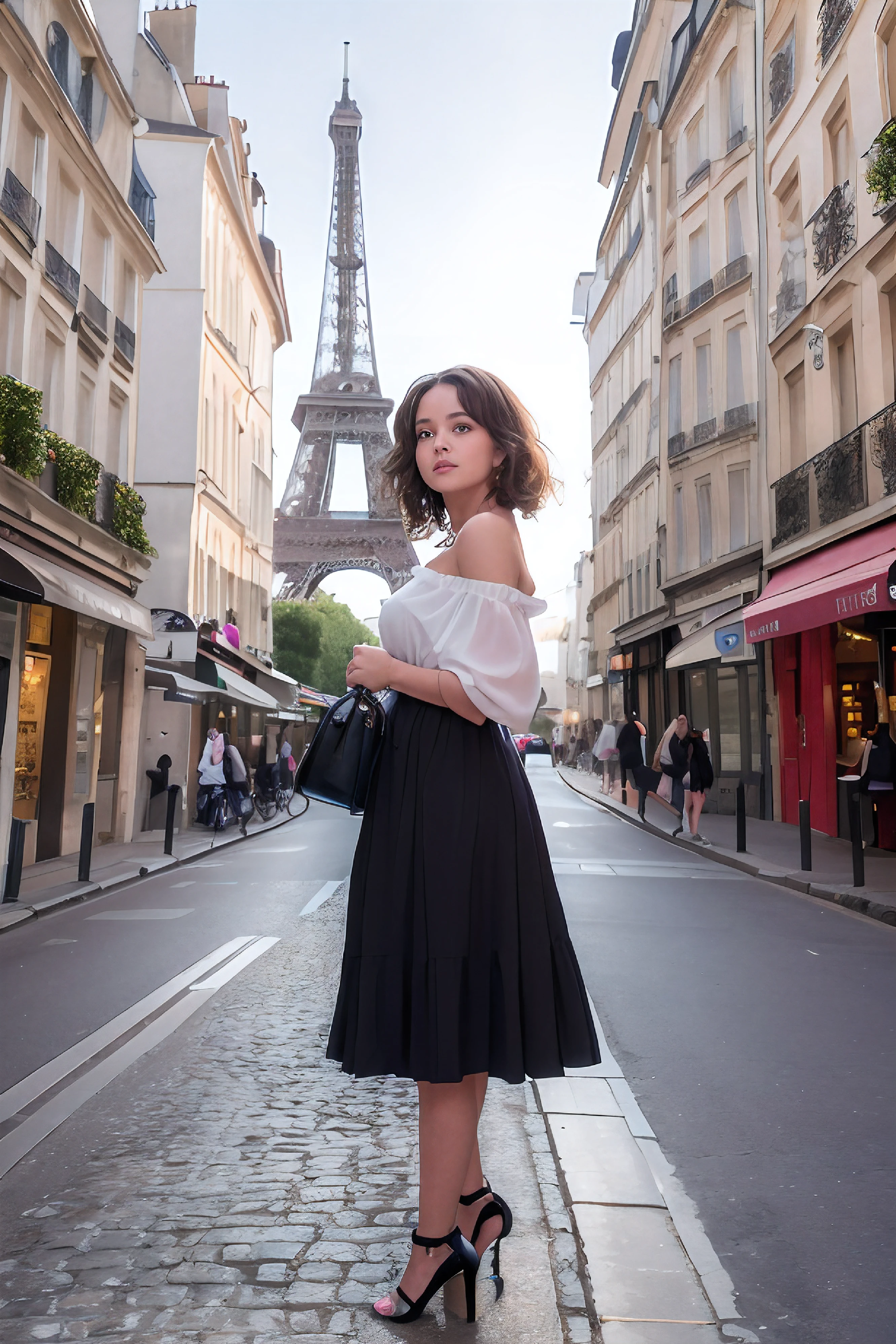une jeune femme de 21 ans, with luminous skin and delicate features, stands proudly in the middle of a cobbled street in Paris. Her curly brown hair cascades down her shoulders..., Reflection of the golden rays of the setting sun. She wears a fashionable dress, d'un bleu profond, which contrasts perfectly with the historic buildings that surround it. Her eyes sparkle with adventure and curiosity as she looks into the distance, perhaps at the Eiffel Tower or the Sacré-Cœur. She holds a chic leather handbag, and his heeled shoes rattle lightly on the cobblestones.... Autour d'elle, You can see lively Parisian cafes, Local residents and tourists. The atmosphere is that of a perfect day in Paris, and it seems to be at the heart of his journey,profiter de chaque instant. ultra detail face, cheveux long, magnifique