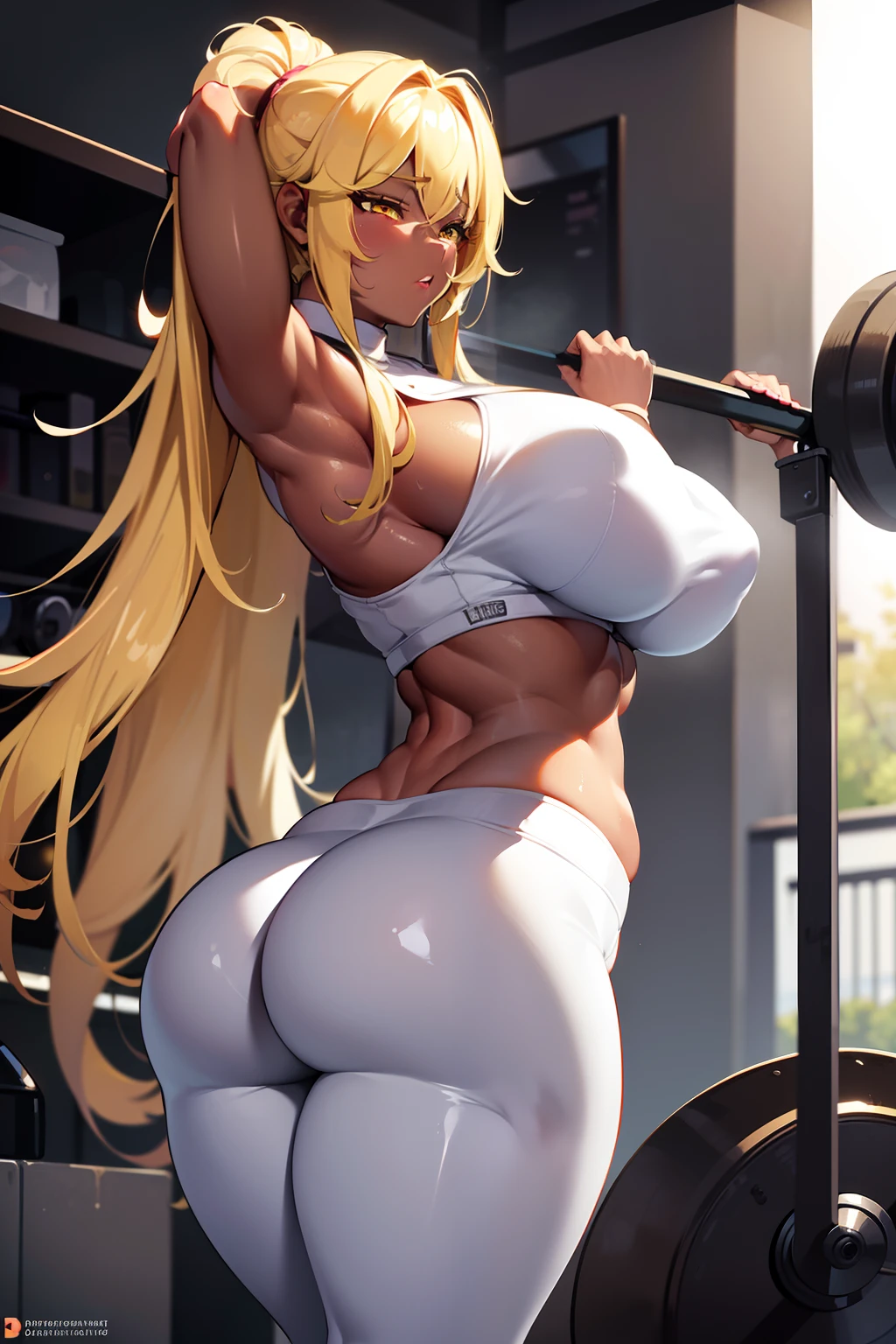 Best quality, massive breasts, massive ass, very curvy, dark brown skin, long blond hair, yellow eyes, slutty, gyaru, full lips, seductive, gym, workout, exercise, white clothes, yoga pants, gym, lifting, heavy lifting, darkskin, tan, white clothes, heavy lifting, teeth clenched, eyes closed, closed eye