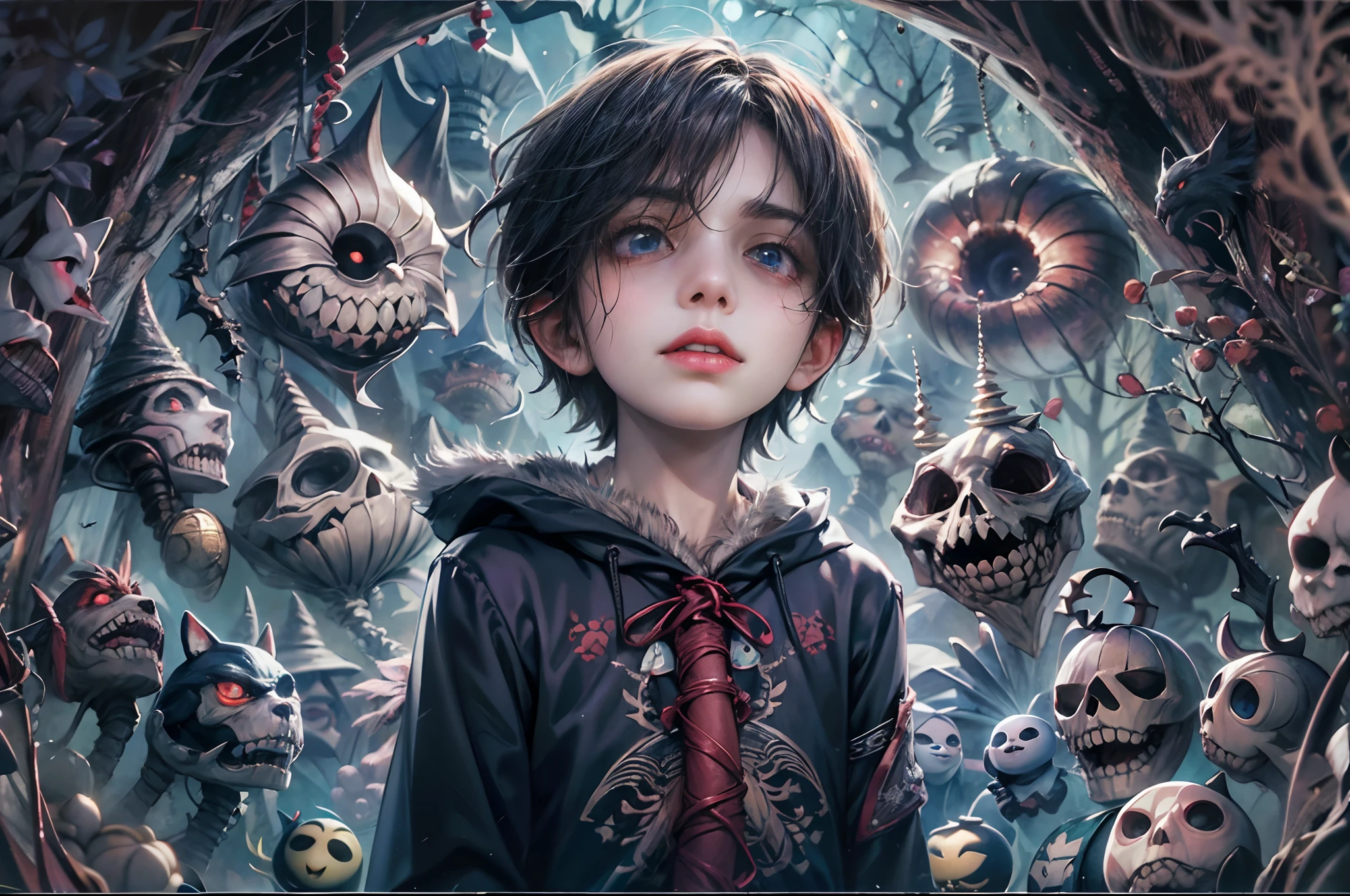 (absurdres, highres, ultra detailed, HDR), masterpiece, best quality, 1 boy, handsome boy, cool hero, big anime eyes, young boy, detailed scenery, detailed character, nightmare before Christmas theme, art kenouji