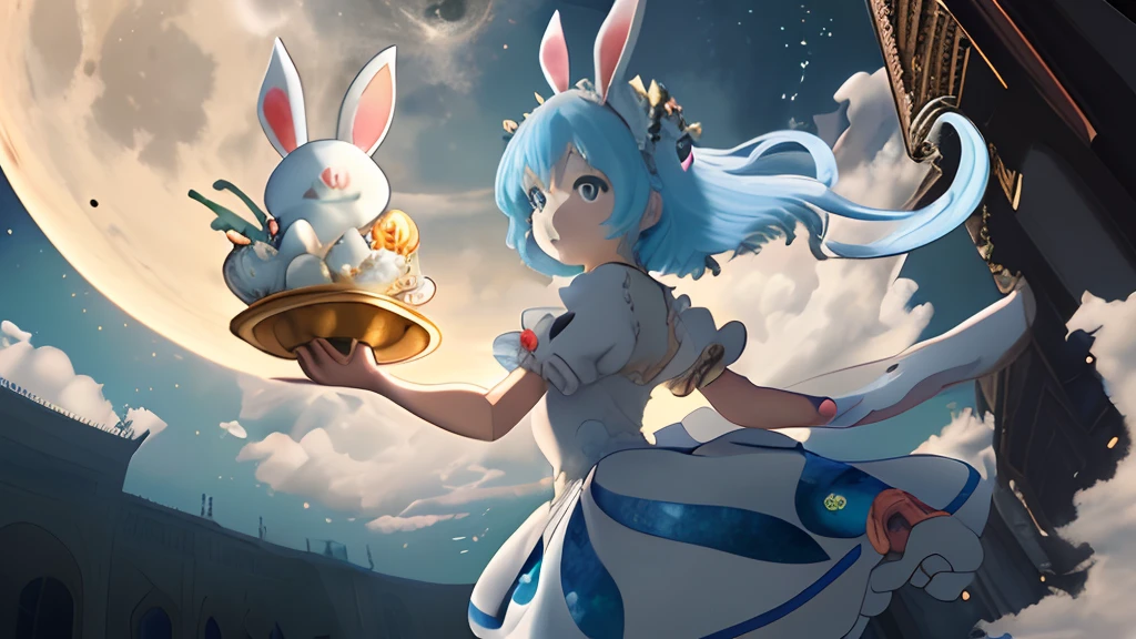 the huge moon, Big and round, Hang in the sky, There is a magnificent palace in the clouds, splendid, Around the clouds, There are fairies flying, Dunhuang Mogao Grottoes, Powerpuff Girls character, transparent costume, A big rabbit, Holding mooncakes, Jump high, fantasy, k hd, Blue hair, maid headdress, mismatched sclera, Rabbit ears, Reflectors, Ghibli-like colors, Anime style, Ray tracing, stereograms, outside border, angle of view, 4K, hyper HD, Super detail, High details