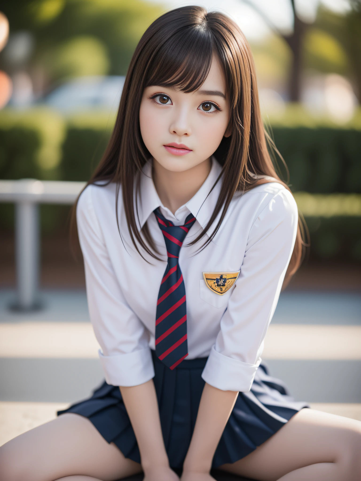 1ung girls, Extremely beautiful, (Extremely cute), (extremely detailed beautiful face), Amazing face and eyes, dark brown hair, Brown eyes, drooing eyes、no-makeup、(High School Uniform, Pleated mini-skirt:1.3), (high-school uniform:1.2), , (Best Quality:1.4), (Ultra-detailed), extremely detailed CG unified 8k wallpaper, A hyper-realistic, (Photorealsitic:1.3), RAW Photos, professional photograpy, Cinematic lighting, Realistic portrait, Sitting, (Spread your legs wide), (:1.3), ((Bokeh)), depth of fields, View from below,
