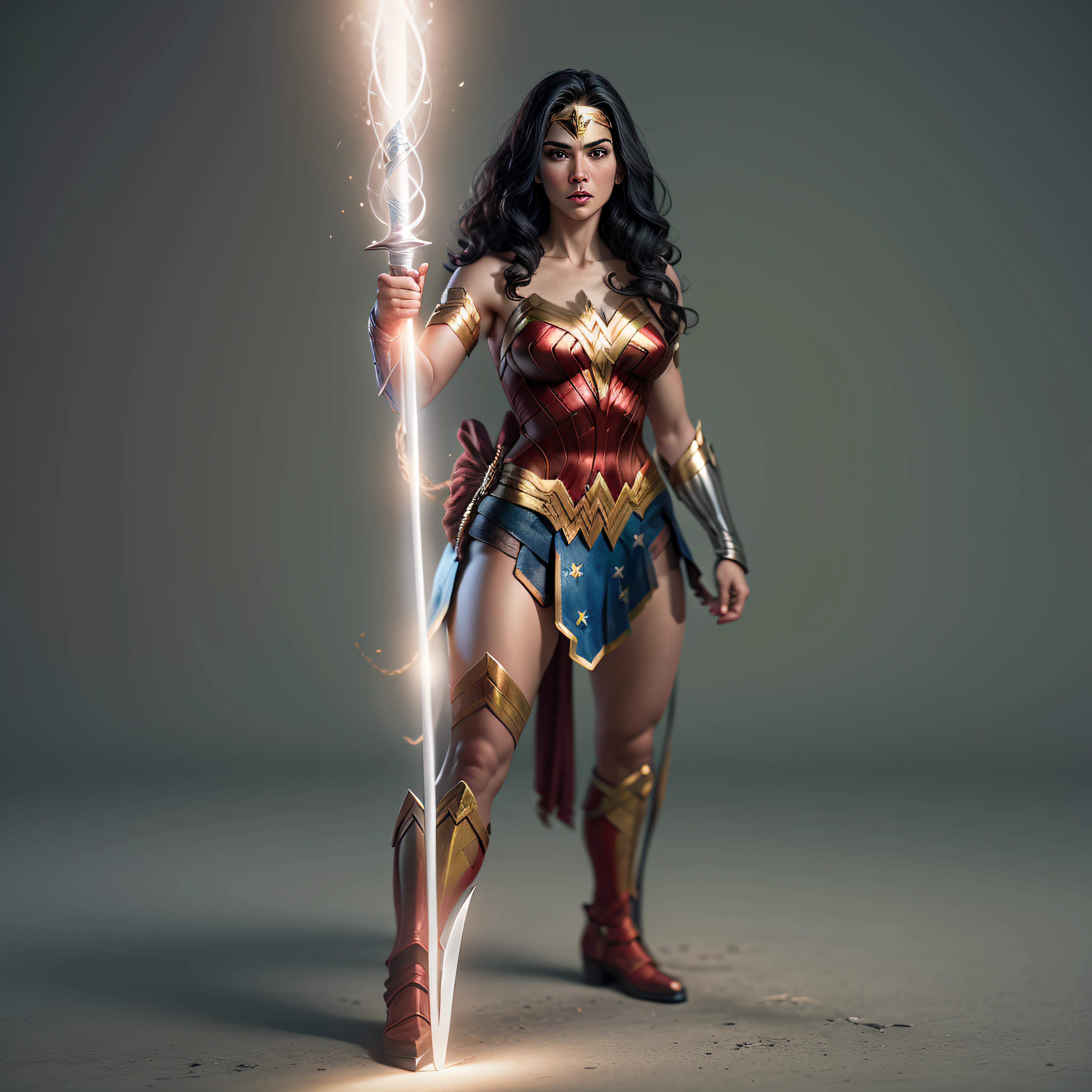 Wonder Woman with her glowing Lasso of Truth attached to her hip, wearing a Sword, photo-realistic, octane render, unreal engine, ultra-realistic