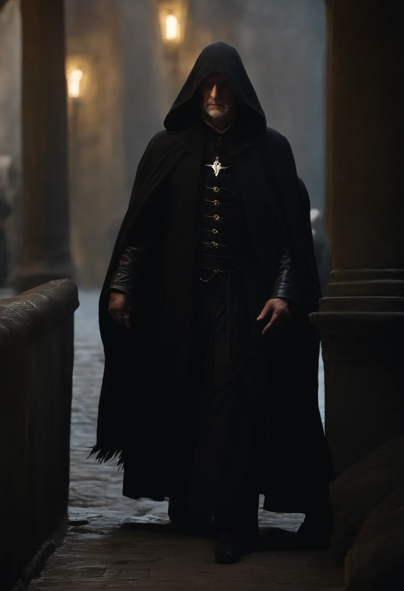 old man, cadaverous appearance, short gray hair, pale skin, only visible right eye that glows yellow, indifferent posture, penetrating, evil gaze, long black coat, torn clothes, black cloak with raven feathers on the back, left side of the face covered with sashes and a hood, dark place, terror.