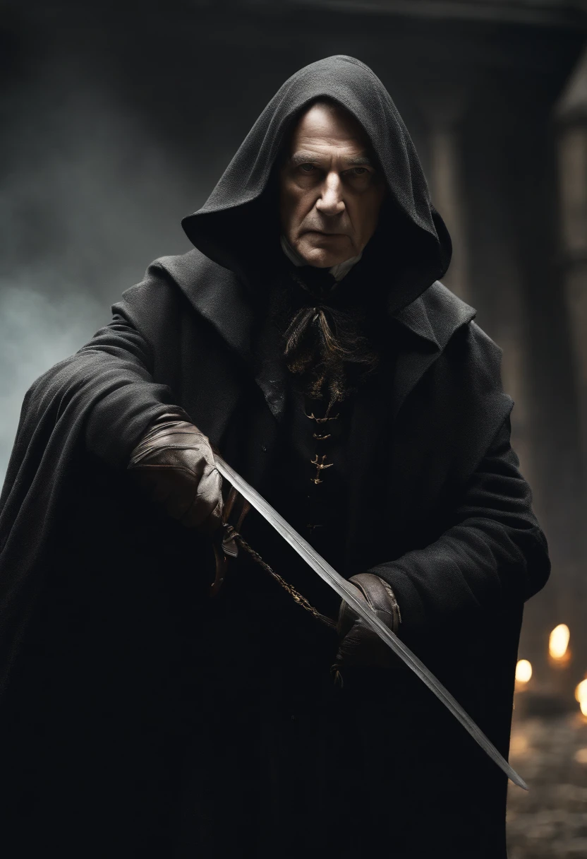 old man, cadaverous appearance, short gray hair, pale skin, only visible right eye that glows yellow, indifferent posture, penetrating, evil gaze, long black coat, torn clothes, black cloak with raven feathers on the back, left side of the face covered with sashes and a hood, dark place, terror.