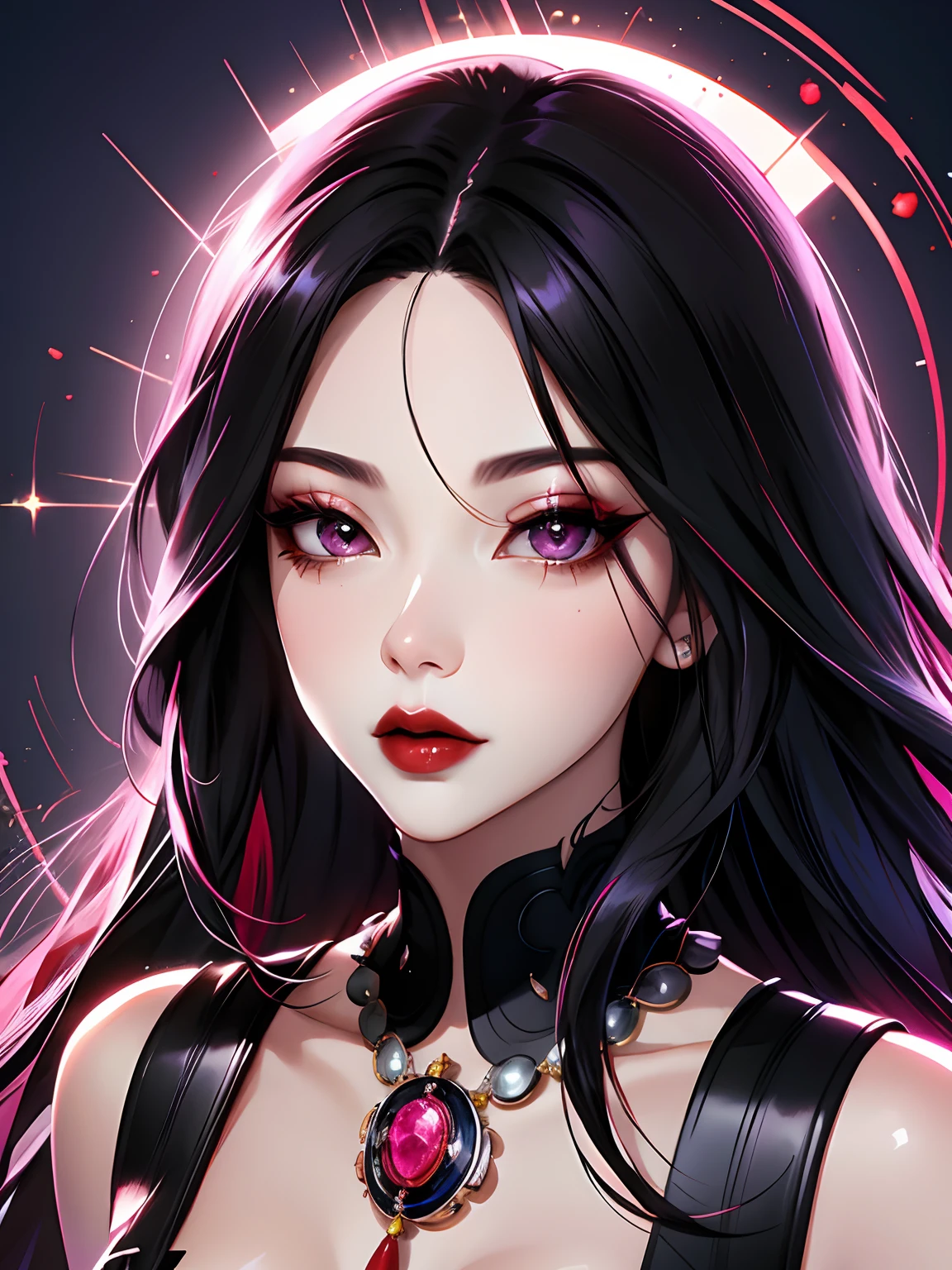 1girl in, 独奏, Jewelry, pink black hair, necklace, red-lips, Long hair, covered eyes, lipstick, makeup, upper-body, closed mouth,  gown, hair above one eye, 鎖骨, Dress,black theme,bad-girl, large breasts,sparkly skin,(mature female),Chic, Snthwve style, nvinkpunk Close-up portrait of a face (((sks person))), Smooth soft skin, big dreamy eyes, Beautiful intricate dyed hair, Symmetrical, anime wide eyes, soft-lighting, Detailed Face, makoto sinkai, by stanley artgerm lau, WLOP, rossdraws, Concept art, Digital Painting, looking up at the camera