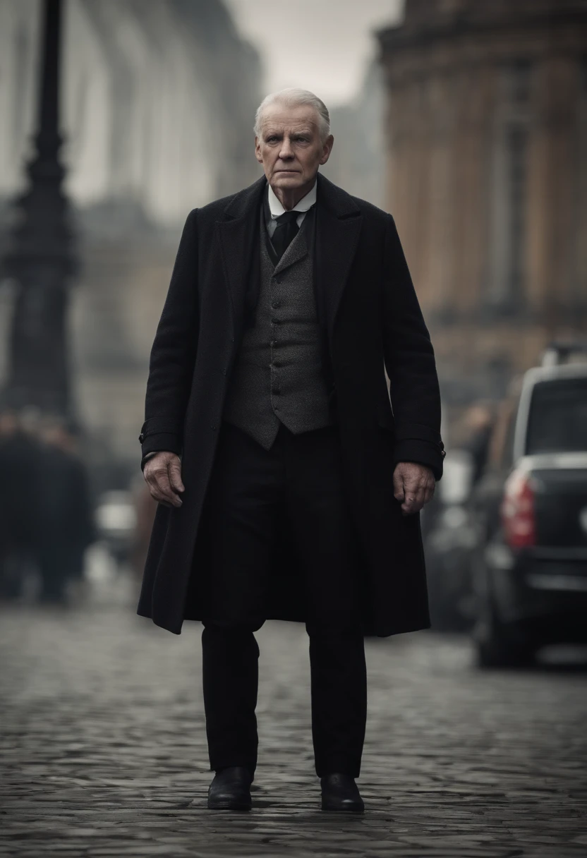 old man, cadaverous appearance, short gray hair, pale skin, only visible right eye that glows yellow, indifferent posture, penetrating, evil gaze, long black coat, torn clothes, black cloak with raven feathers on the back, left side of the face covered with sashes and a hood, dark place, terror.