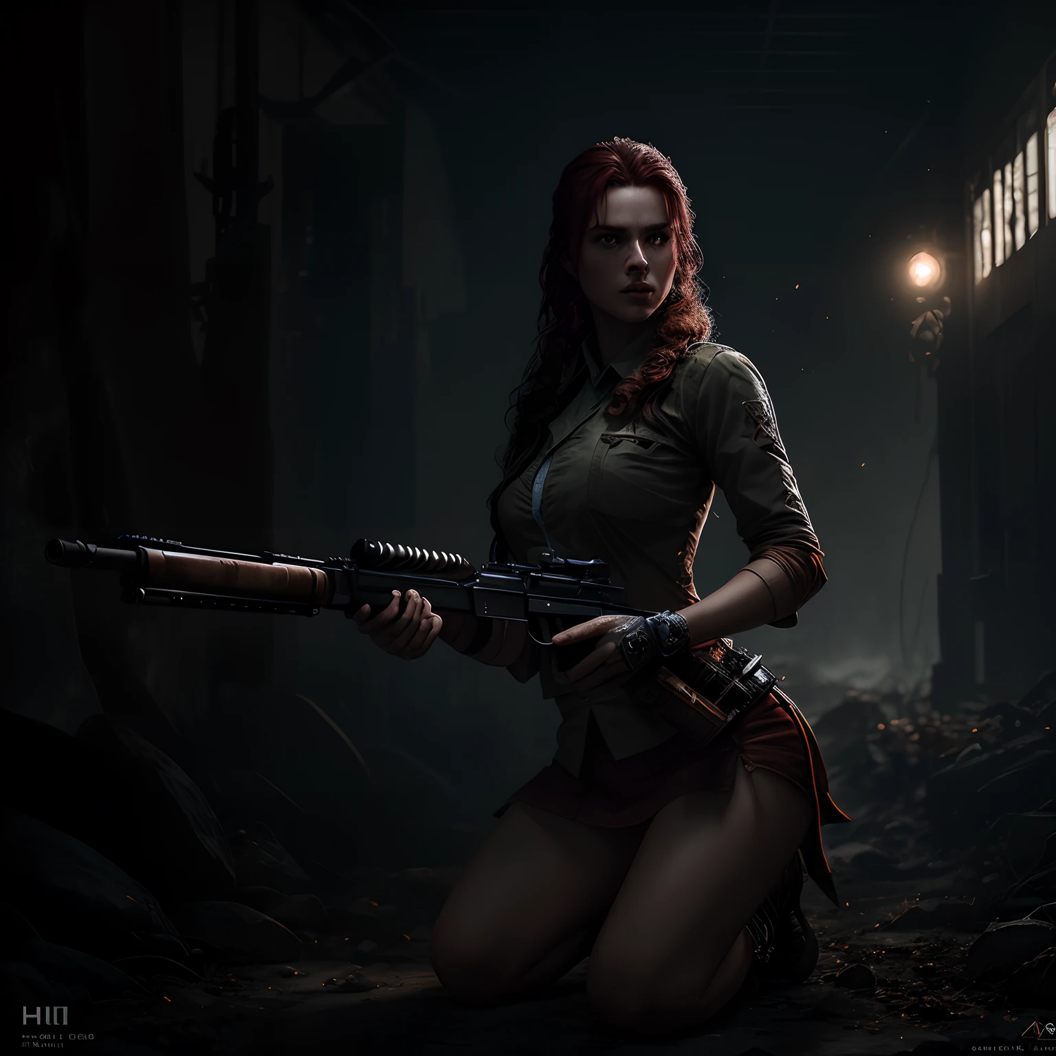 very detailed, 16K high resolution, incredibly detailed image, cinematic, best quality, masterpiece, realistic, detailed face, detailed background, dramatic lighting, A girl, 2, she is alone, beautiful, natural ginger hair, straggly and messy wavy hair. Extremely detailed facial expressions with sharp and piercing green eyes. A delicate, slightly cheeky face, subtly made up. ((She is tattooed and pierced, large tubes in her ears.)), She has (very small breasts) and a slim figure, in good shape. Dark lighting conditions, the world is destroyed after a war (end-time mood like in Mad Max). She is in an old destroyed city. Flames and clouds of smoke in the background. She wears worn-out clothes consisting of a torn black, cropped hoodie top, a broken miniskirt and dusty ankle-high boots. She has a belt around her waist with a small bag and a knife attached to the side. She carries a Viking sword on her back.