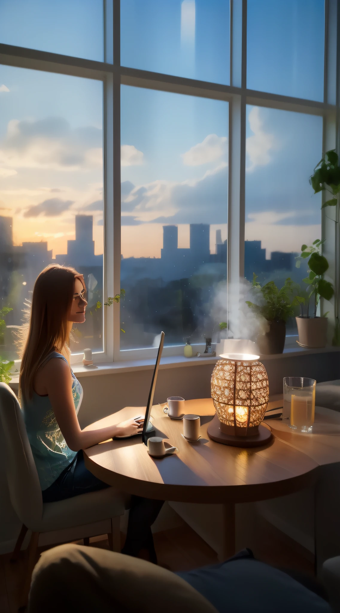 Woman sitting at the table，In front of the window is a laptop and a working mini humidifier，cosy atmoshpere, cosy atmoshpere, relaxing atmosphere, Warm ambient light, Warm ambient lighting, morning atmosphere, Dreamy atmosphere, early morning mood, Beautiful ambient light, Vibrant atmosphere, cinematic morning light, summer morning light, mysterious ambient lighting, relaxing mood, Relaxing environment, Cozy atmosphere
