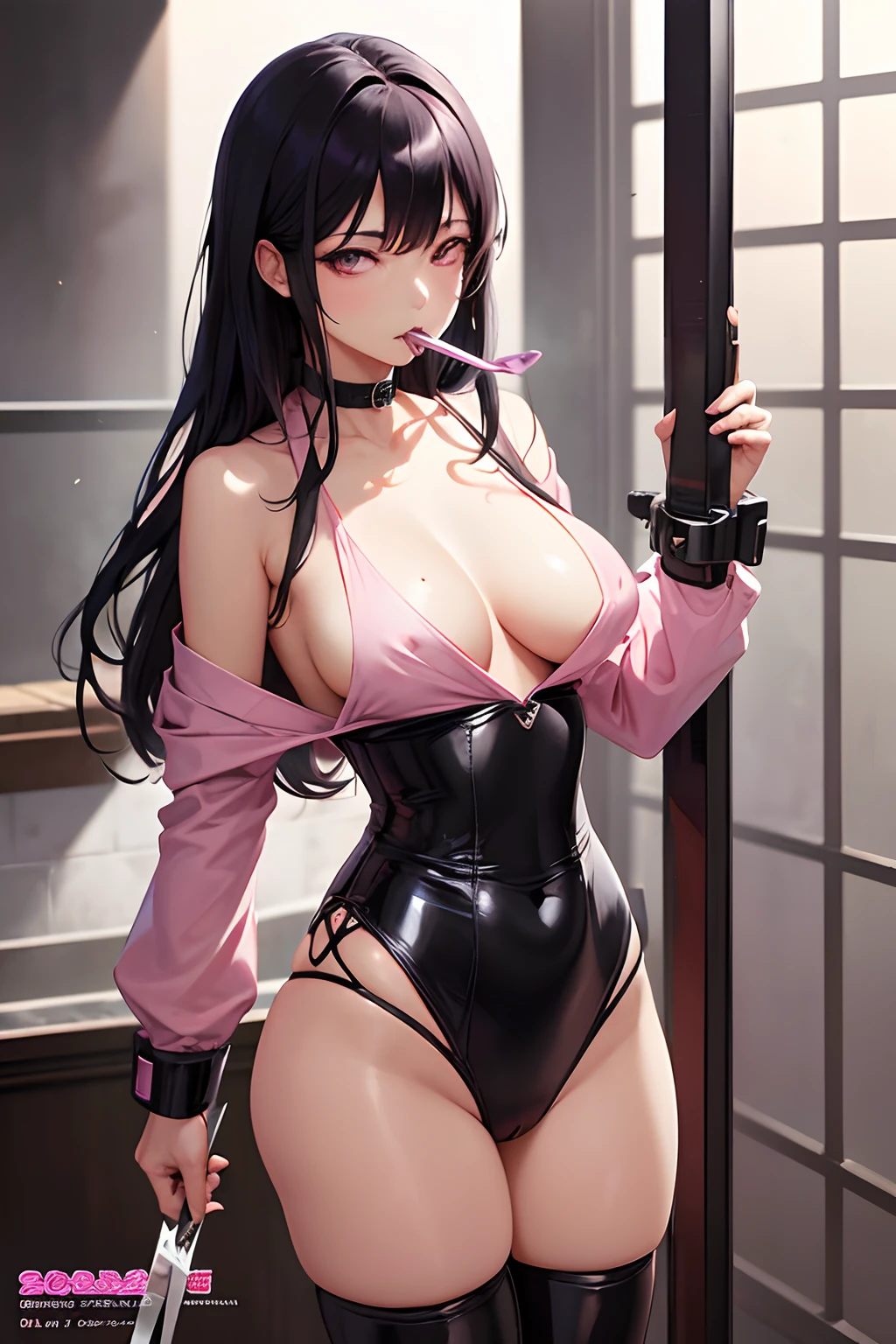 arafed woman with a knife in her mouth and a pink shirt, hajime sorayama style, standing astride a gate, slave collar, inspired by Krenz Cushart, thick shining black hair, by Byeon Sang-byeok, censored, luxury journal cover, ((restrained)), the artist has used bright, colored manga