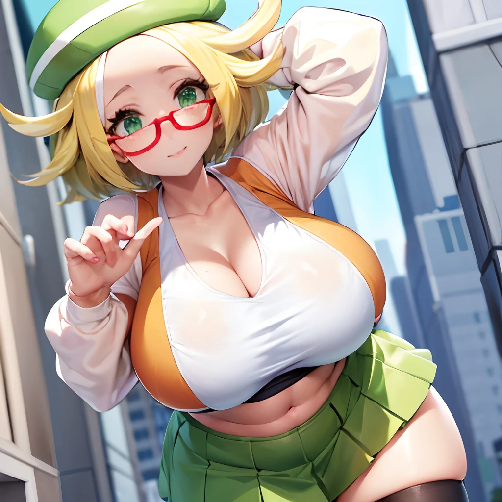 masterpiece, best quality,midriff,short pleated skirt, thighhighs,(blonde hair:1.3),(bianca:1.5),red glasses,gigantic breasts,short hair,street,city,green eyes,green headwear,heavy blush,closed mouth,happy,