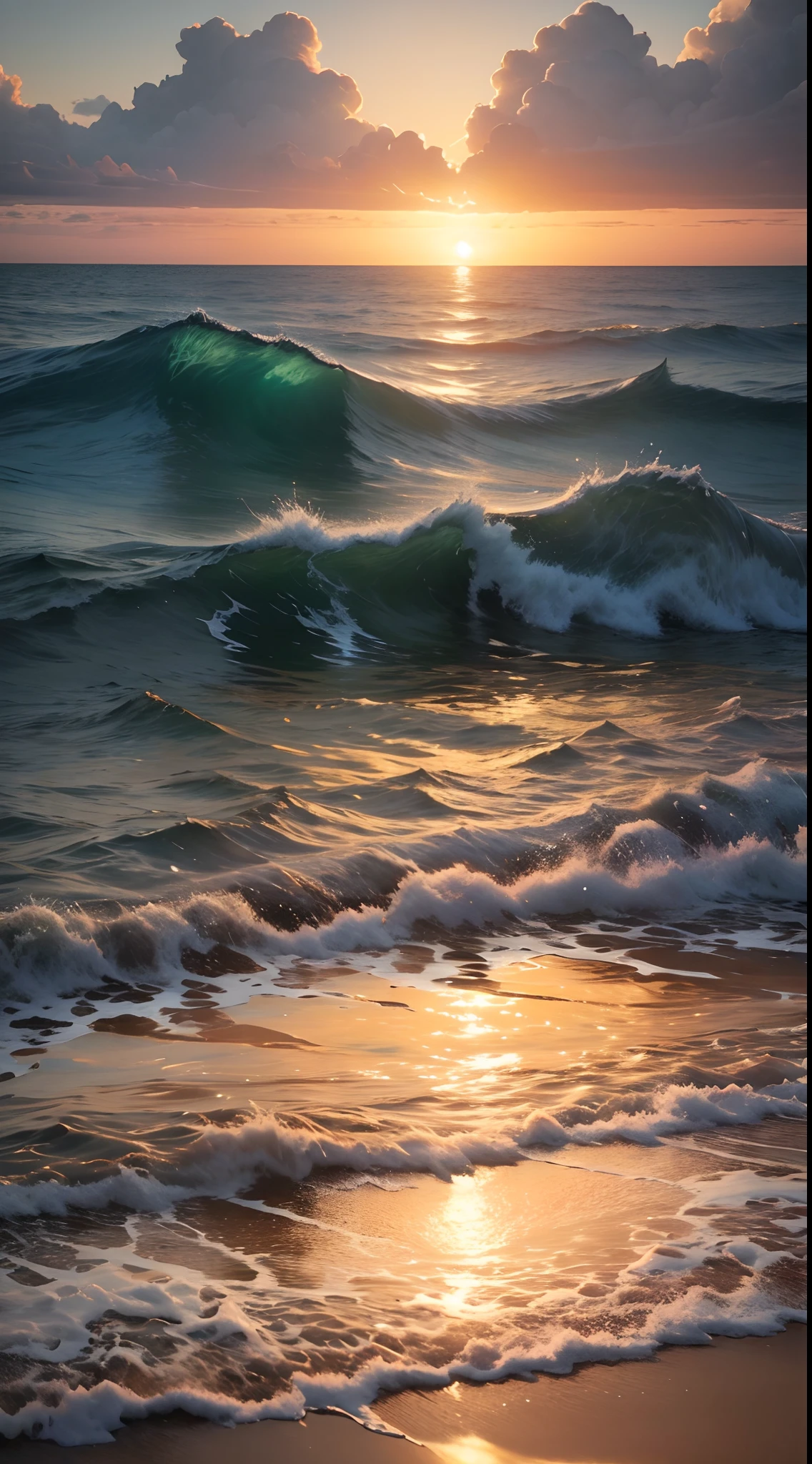 Highly detailed image of a calm sea after Jesus' intervention, com o sol se pondo ao fundo, transmitindo paz e tranquilidade.