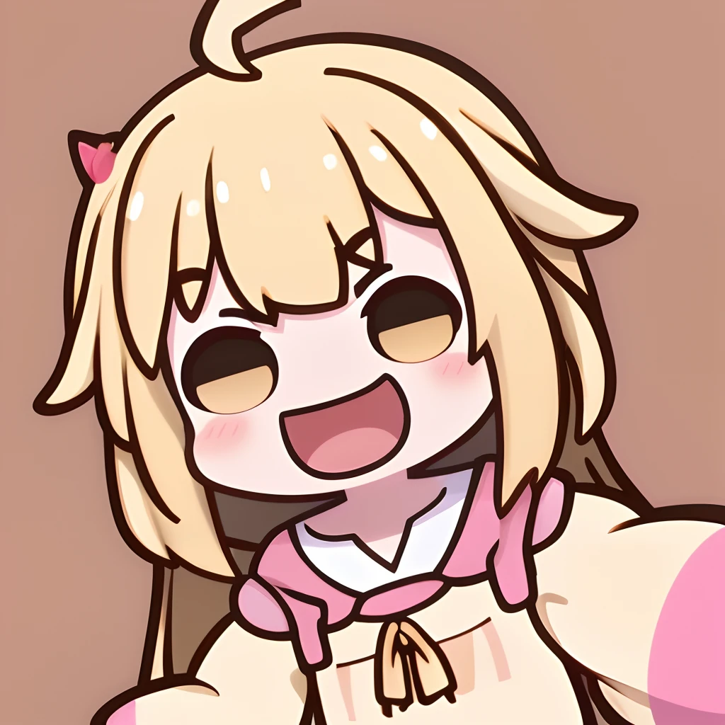 (masterpiece,best quality,ultra_detailed, highres, absurdres:1.2),Emoticon packages,1girl, solo, blonde_hair, smile, ahoge, long_hair, open_mouth, long_sleeves, brown_background, looking_at_viewer, pink_shirt, collarbone, upper_body