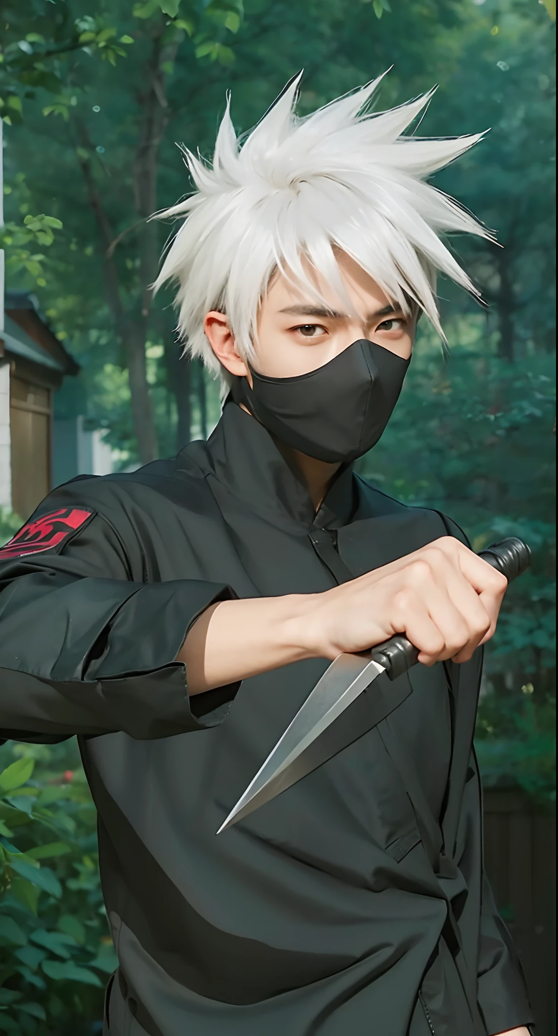 Real life adaption of this character,his name is Kakashi hatake from anime Naruto,Korean handsome face, realistic same outfit,holding kunai, realistic same hair, hyper realistic, realistic background, realistic light, realistic shadow, realism,(photorealistic:1.2)