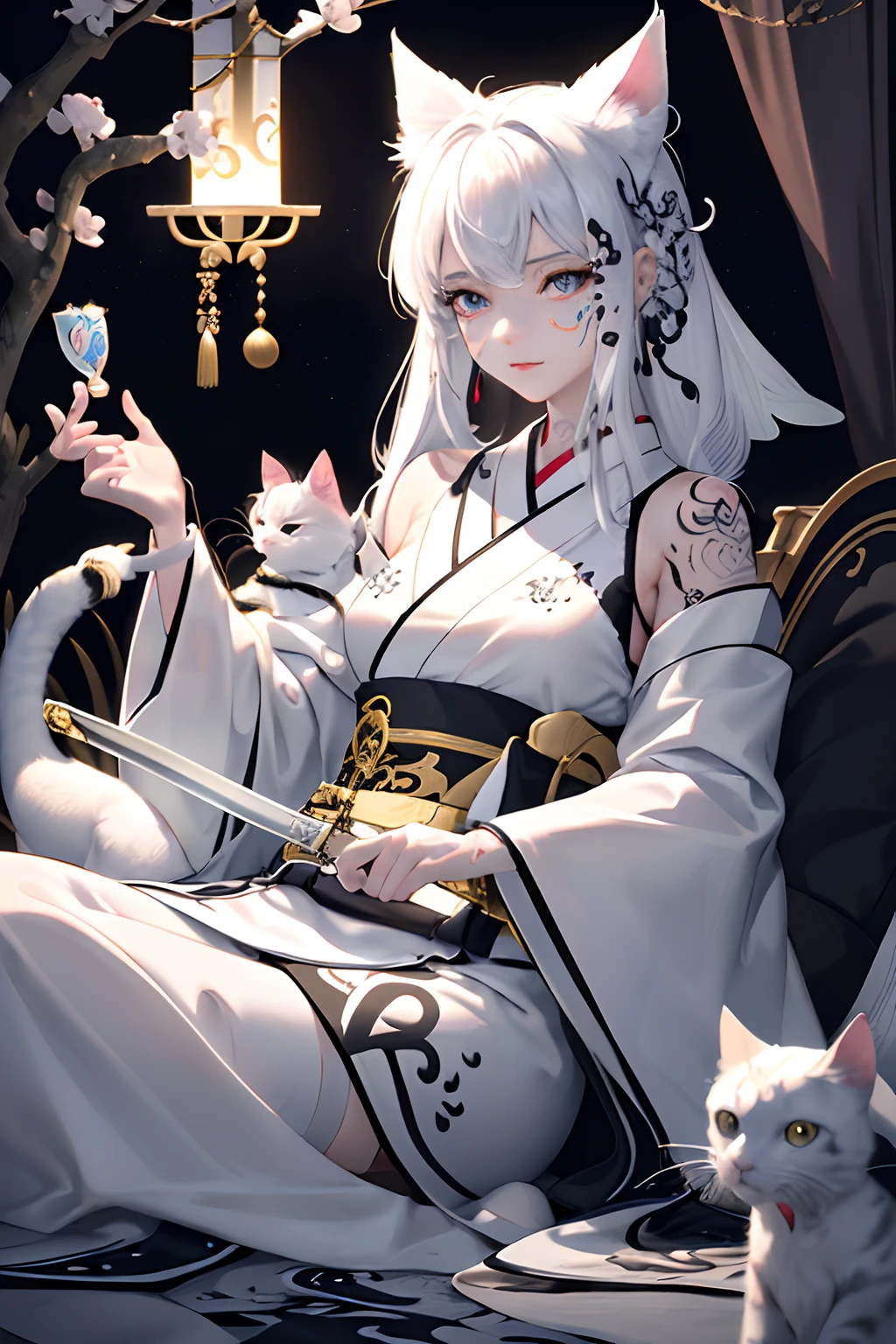 (Photorealsitic:1.3), masterpiece, top-quality, (intricate detailes:1.2), (landscapes:1.3), beautiful countenance, The image of a white cat(Black theme:1.3),
(((1girl in、Holding a sword in your hand、Girl in patterned white kimono、(Take a look at Veiwer:1.3)、(face tattoos:1.2)、Cat's ears、
)))、full body Esbian