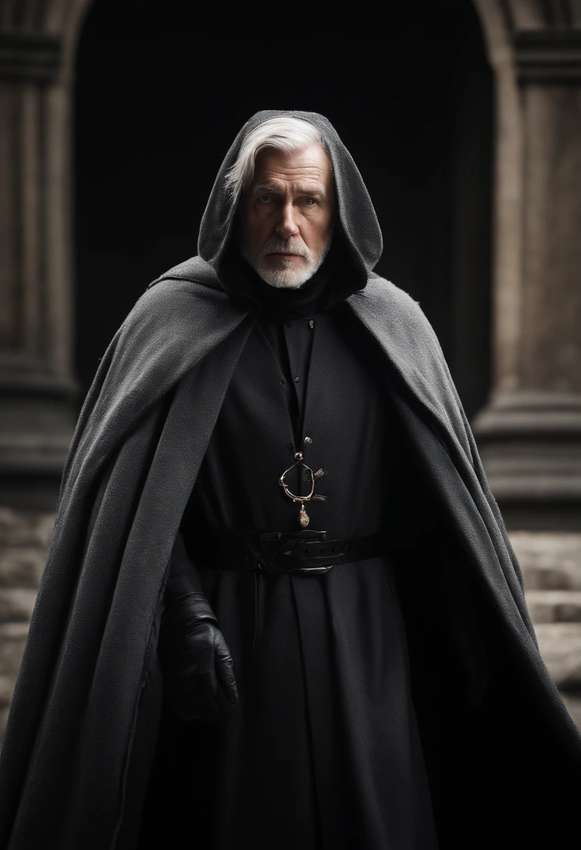 old man, cadaverous appearance, short gray hair, pale skin, only visible right eye that glows yellow, indifferent posture, penetrating, evil gaze, long black coat, torn clothes, black cloak with raven feathers on the back, left side of the face covered with sashes and a hood, dark place, terror.
