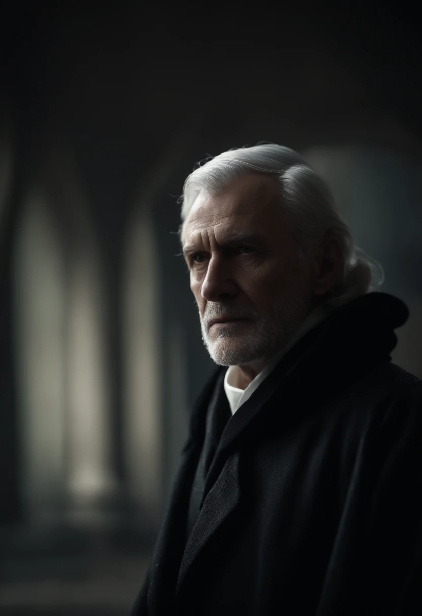 old man, cadaverous appearance, short gray hair, pale skin, only visible right eye that glows yellow, indifferent posture, penetrating, evil gaze, long black coat, torn clothes, black cloak with raven feathers on the back, left side of the face covered with sashes and a hood, dark place, terror.