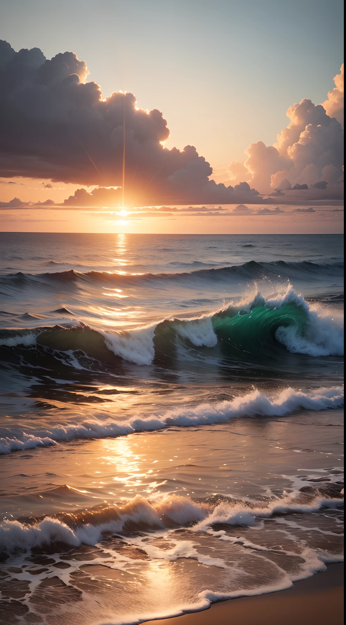 Highly detailed image of a calm sea after Jesus' intervention, com o sol se pondo ao fundo, transmitindo paz e tranquilidade.