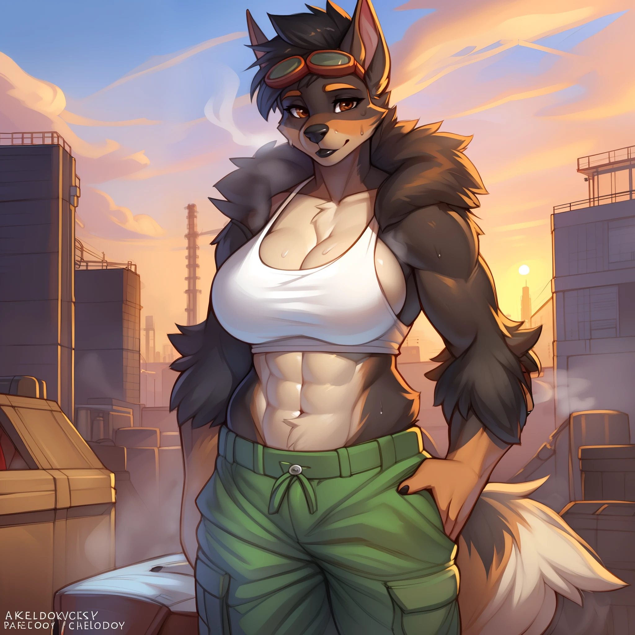 Maned wolf, female, solo, punk clothes, crop top, baggy pants, black boots, leather straps, fishnets, by fluff-kevlar, by Zackary911, by Kenket, by Kilinah, by fluff-kevlar, green eyes, long eyelashes, black hair, long hair, wavy layered hair, bangs, white tail tip, detailed eyes, smirking, high quality, HD, best quality