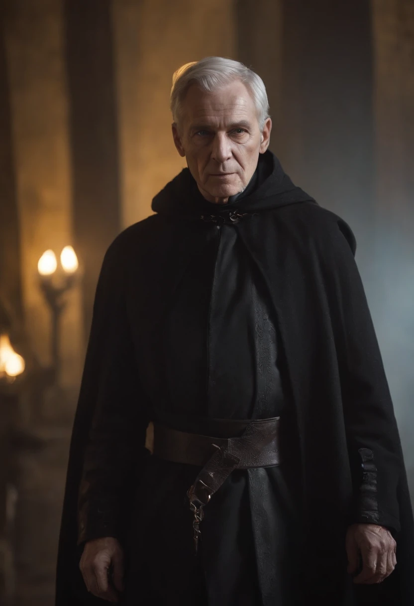 old man, cadaverous appearance, short gray hair, pale skin, only visible right eye that glows yellow, indifferent posture, penetrating, evil gaze, long black coat, torn clothes, black cloak with raven feathers on the back, left side of the face covered with sashes and a hood, dark place, terror.