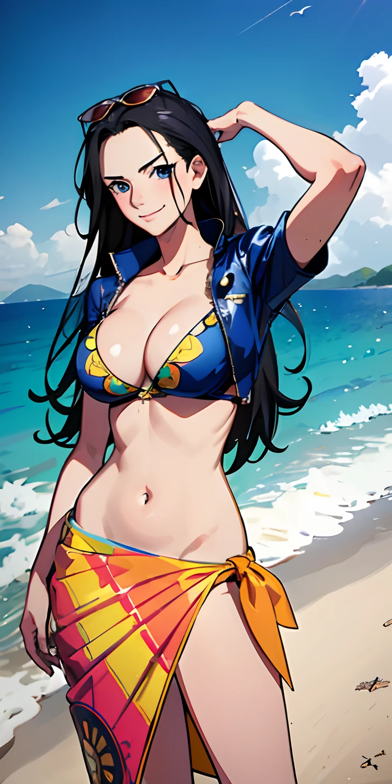 (((masterpiece))), NicoRobin, 1girl, solo, full body, long hair, looking at viewer, smile, blue eyes, large breasts, black hair, navel, holding, cleavage, closed mouth, standing, collarbone, jacket, short sleeves, cowboy shot, outdoors, sky, day, midriff, cloud, water, stomach, blue sky, crop top, groin, hand on hip, ocean, sunglasses, eyewear on head, zipper, cropped jacket, high collar, unzipped, sarong, hair slicked back, partially unzipped, print sarong,