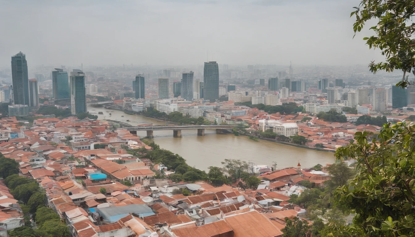 Design a photo of Ho Chi Minh City in Vietnam, including Land mark81, Bitexco Financial Tower, building, Notre Dame house, Ben Thanh market, transportation system, roads, trees, 1 bus, 1 tram, 1 car , sky greem
