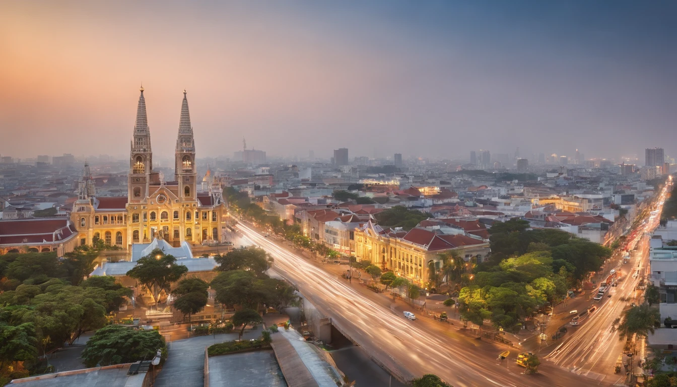 Design a photo of Ho Chi Minh City in Vietnam, including Land mark81, Bitexco Financial Tower, building, Notre Dame house, Ben Thanh market, transportation system, roads, trees, 1 bus, 1 tram, 1 car , sky greem