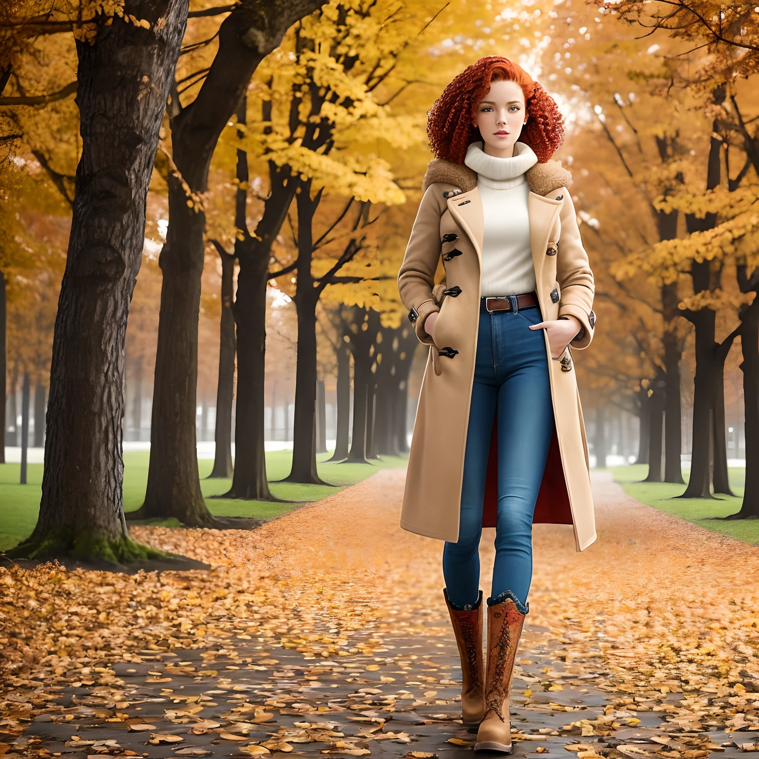 Model Lirielle Girl of European appearance (( solo)) with curly red hair , , with a face and body like Kelly Hall , dressed in a beige Duffle coat and blue jeans , It stands at full height against the backdrop of an autumn park , Her boots are visible , Very detailed embroidery on the coat and sleeves , Front light.
