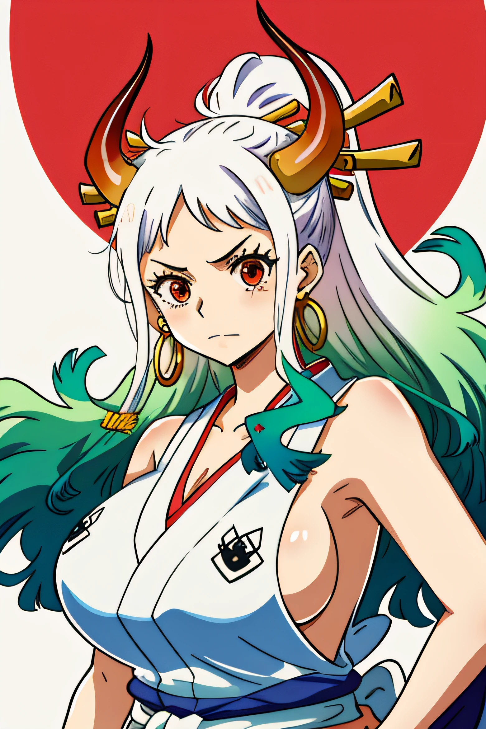 Yamato\(One piece\), Hair Ornament, Kimono, sila, earrings, komono, 1girl in, hoop earrings, Sleeveless, hair stick, multicolored hair, Looking at Viewer, Upper body, Red Eyes, Solo, Curled horns, Horns, Arms up, sideboob barbosa, Green hair, cleavage, Sleeveless kimono, Long hair, Jewelry, Large breasts, blush, red horns, 鎖骨,Portrait, Yamato\(One piece\)multicolored hair,White hair,Green hair, Demon Horn ,Color horn,Long hair,Red Eyes, Massive breasts, Huge breasts