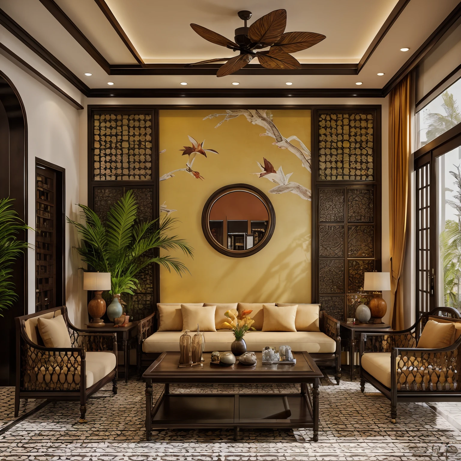 Raw photo, Masterpiece, high quality, best quality, authentic, super detail, interior, indoors, indochine livingroom with couch,rug, coffe table, dark tile floor, (sunset:1.1), vivid color, vray,