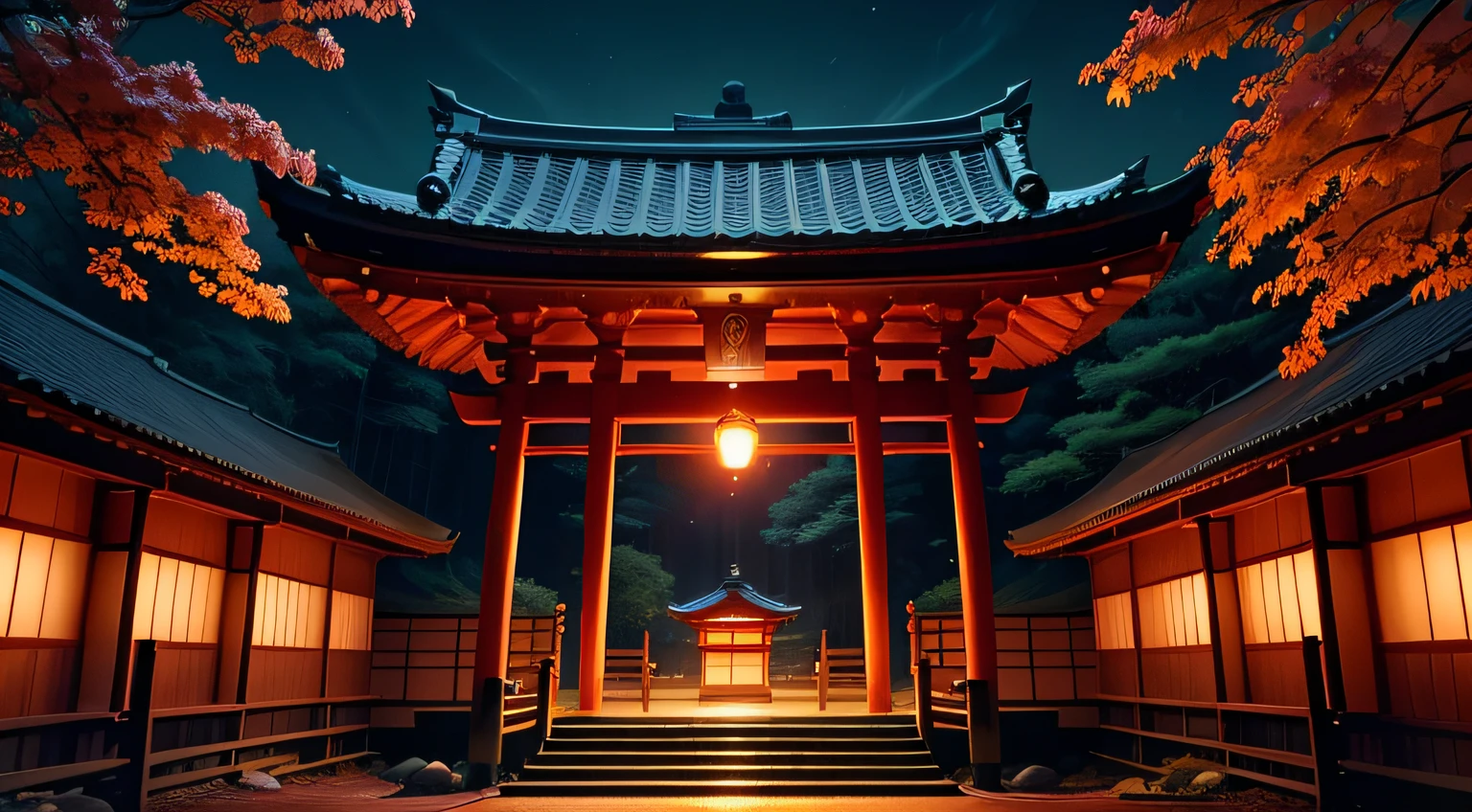 A peaceful Japanese shrine nestled in a serene forest, bathed in the warm hues of a beautiful sunset. The shrine stands tall in its traditional architectural style, with intricate details and vibrant colors. The lush forest surrounding it creates a tranquil atmosphere, with tall, slender trees casting long shadows on the ground. Soft rays of golden sunlight filter through the leaves, illuminating the shrine and adding a touch of magic to the scene.
The shrine itself is adorned with intricate carvings and ornate decorations, showcasing the rich cultural heritage of Japan. Cherry blossom trees bloom nearby, their delicate pink petals dancing in the gentle breeze. Lanterns are softly lit, casting a warm glow around the shrine, welcoming visitors to its sacred grounds.
As the sun sets lower in the sky, the forest comes alive with vibrant colors. The sky is painted in shades of deep orange, red, and purple, creating a breathtaking backdrop for the shrine. Wisps of soft clouds float above, adding a sense of tranquility to the scene.
The flickering light of fireflies fills the air, adding a touch of magic and mystery. Their soft glow illuminates the forest, creating a dreamlike atmosphere. The sound of a gentle stream nearby adds a soothing element, blending harmoniously with the chirping of birds.
The overall image quality is of the highest standard, with a resolution of 4K or 8K. The level of detail is exquisite, capturing every intricate feature of the shrine and the surrounding forest. The colors are vivid and lifelike, showcasing the beauty of nature in its full glory.
The art style is a fusion of traditional Japanese artwork and photorealism. The combination of these two styles creates a unique and captivating aesthetic, capturing the essence of Japanese culture and the serene beauty of the forest.
The color palette consists of warm tones, with a focus on shades of orange, red, and purple to capture the warmth and tranquility of the sunset. The lighting is soft