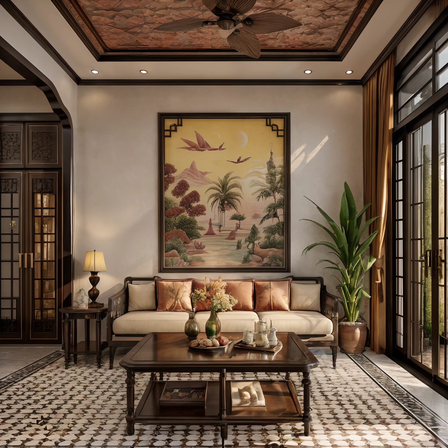 Raw photo, Masterpiece, high quality, best quality, authentic, super detail, interior, indoors, indochine livingroom with couch,rug, coffe table, dark tile floor, (sunset:1.1), vivid color, vray,