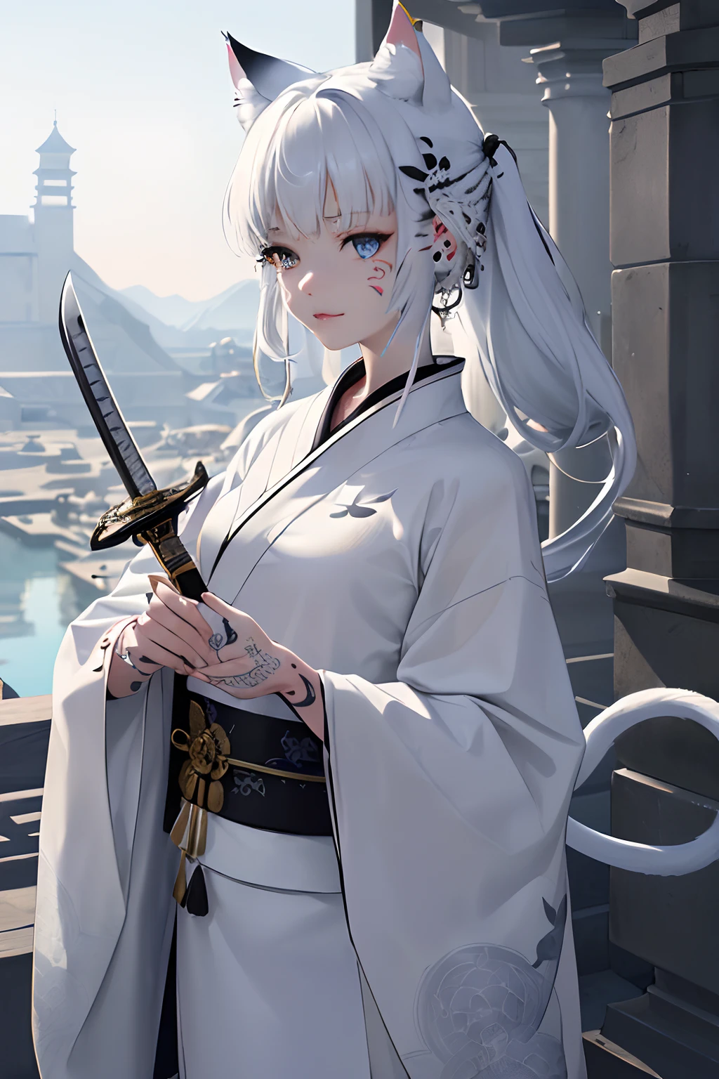 (Photorealsitic:1.3), masterpiece, top-quality, (intricate detailes:1.2), (landscapes:1.3), beautiful countenance, The image of a white cat(Black theme:1.3),
(((1girl in、Holding a sword in your hand、Girl in patterned white kimono、(Take a look at Veiwer:1.3)、(face tattoos:1.2)、Cat's ears、
)))、full body Esbian