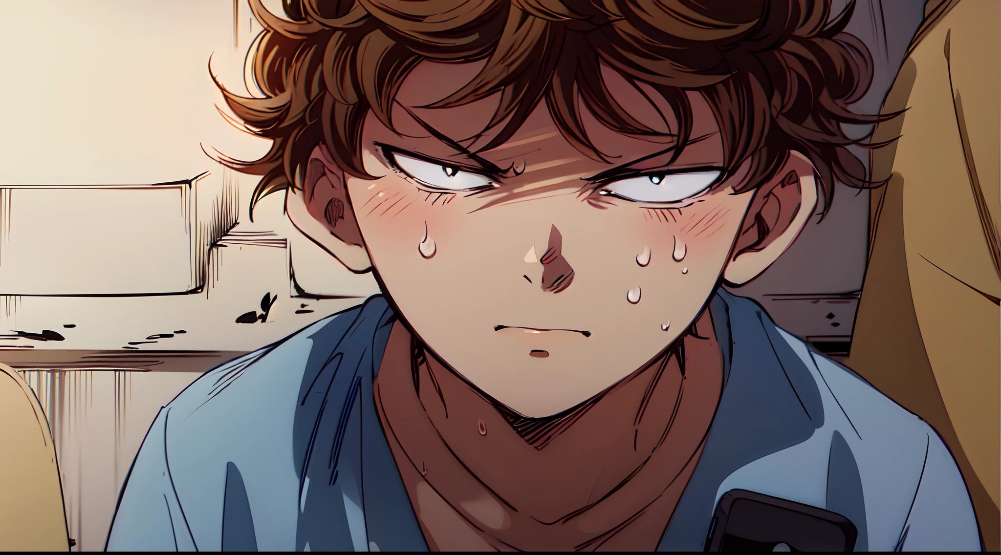 a anime of a boy cartoon, (light from sun, shadow), brown hair, sweat, manga, text manga, color manga, manga color, color manga, color manga panel, a simple background