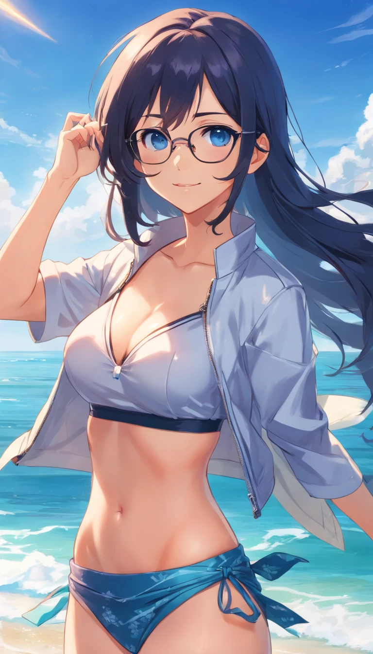 (((masterpiece))), NicoRobin, 1girl, solo, full body, long hair, looking at viewer, smile, blue eyes, large breasts, black hair, navel, holding, cleavage, closed mouth, standing, collarbone, jacket, short sleeves, cowboy shot, outdoors, sky, day, midriff, cloud, water, stomach, blue sky, crop top, groin, hand on hip, ocean, sunglasses, eyewear on head, zipper, cropped jacket, high collar, unzipped, sarong, hair slicked back, partially unzipped, print sarong,