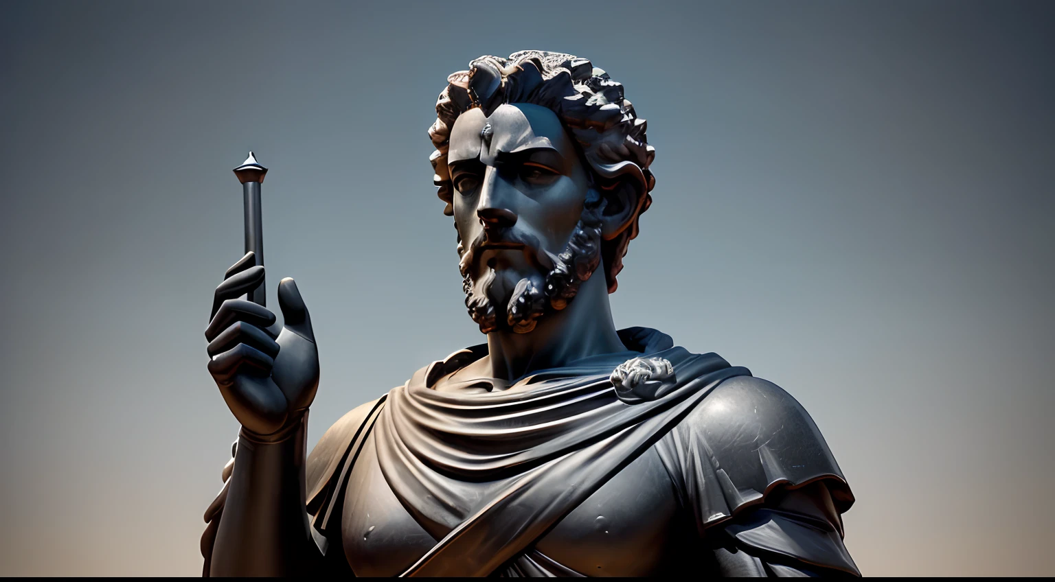 Man similar to statue of Marcus Aurelius, cor negra, imagem escurecida, realistic-looking, Side angle, semelhante a um guerreiro medieval, strong with impression of anger and hatred, obra-prima) (8k high resolution) (melhor qualidade) (Ultra Definition) (Ultra realista)(Foto RAW) (Foto realista) (imagem escuro) (Ton de cor escura no fundo da imagem e o personagem, Statue of Mark Aurelius, Dark statue of Marcus Aurelius, escura negro, cor escura