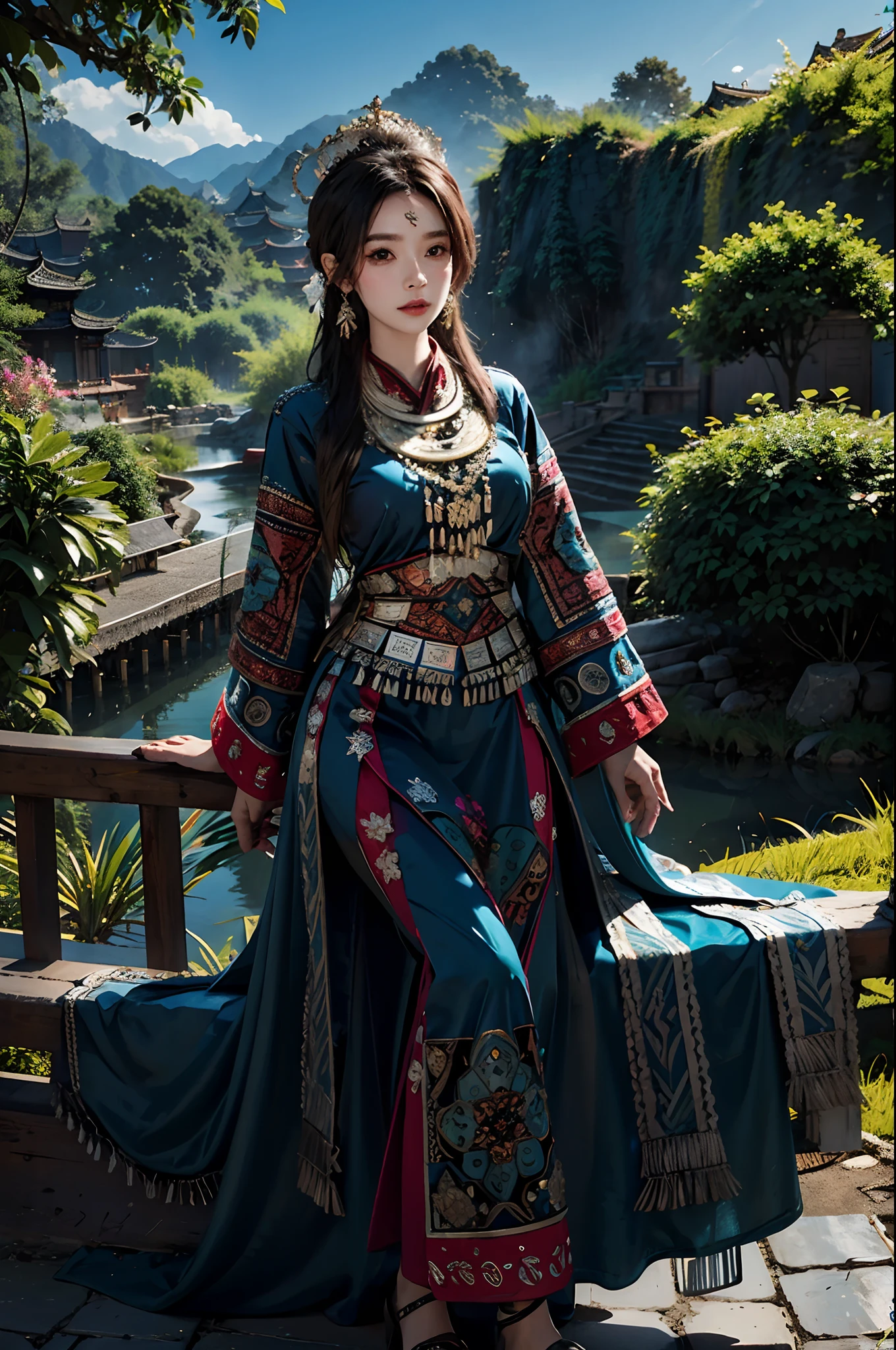 Photorealistic, high resolution, Soft light,1womanl, Solo, Hips up, shiny skins, (Detailed face), plateau,Blue sky,Rice fields,extreme detailed details,torogao, Hmong clothing, crown, jewelry, tattoo