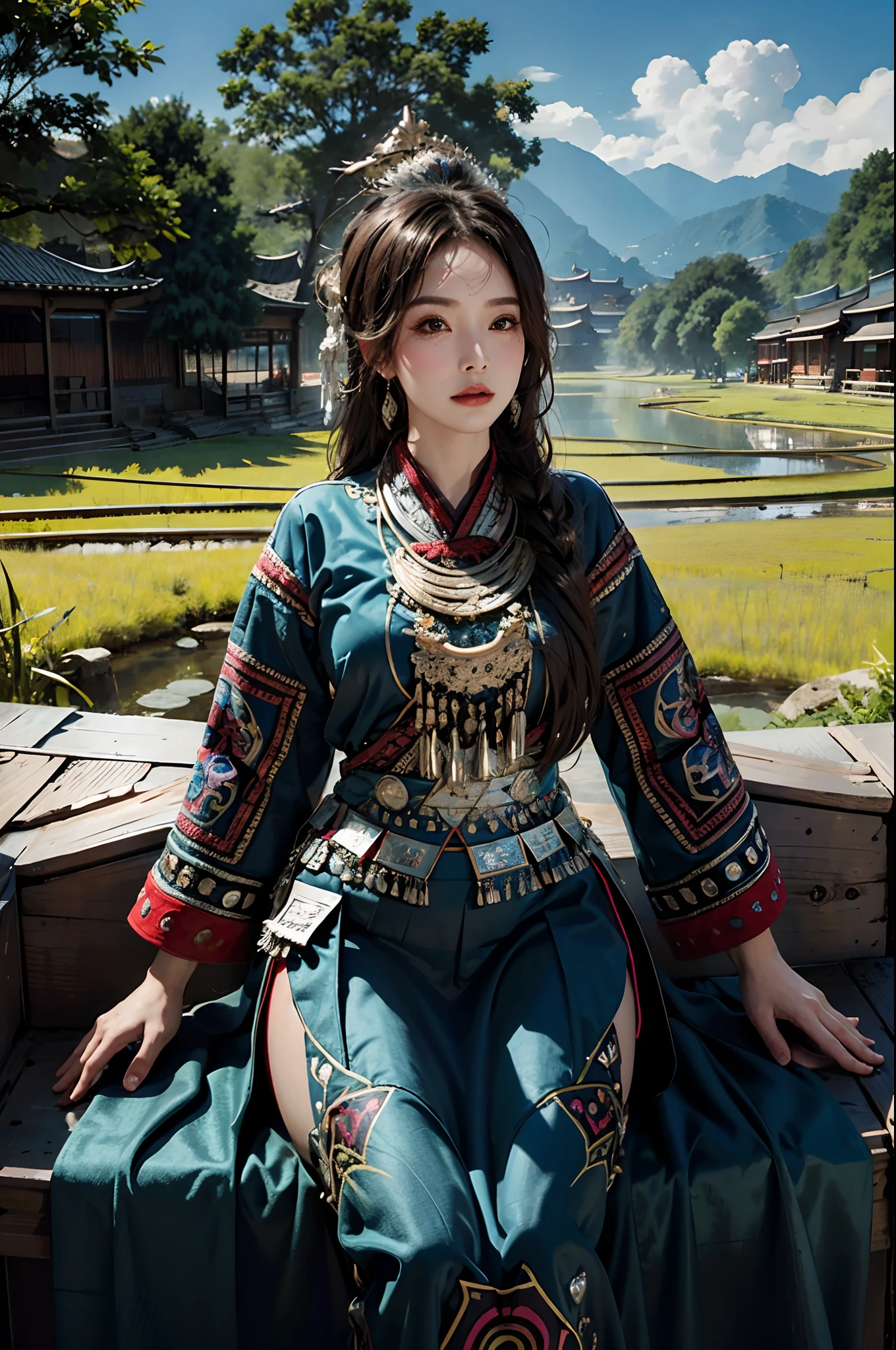 Photorealistic, high resolution, Soft light,1womanl, Solo, Hips up, shiny skins, (Detailed face), plateau,Blue sky,Rice fields,extreme detailed details,torogao, Hmong clothing, crown, jewelry, tattoo