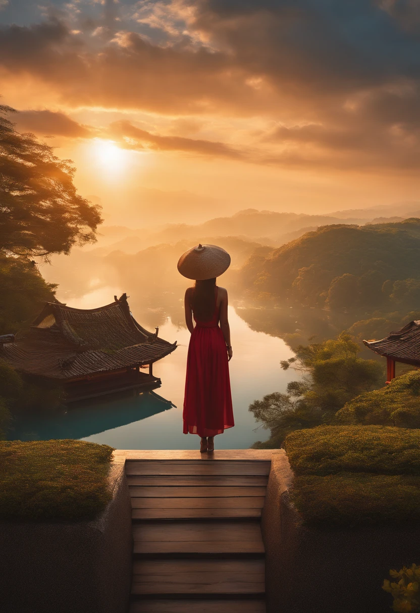 NSFW, 1girl, foco solo, Pov, tiro muito largo, Landscape, East Asian architecture, sunlight, nascer do sol, floating, Cloud, heaven, chuva, water, corpo inteiro, ao ar livre, scenecy, profundidade de campo