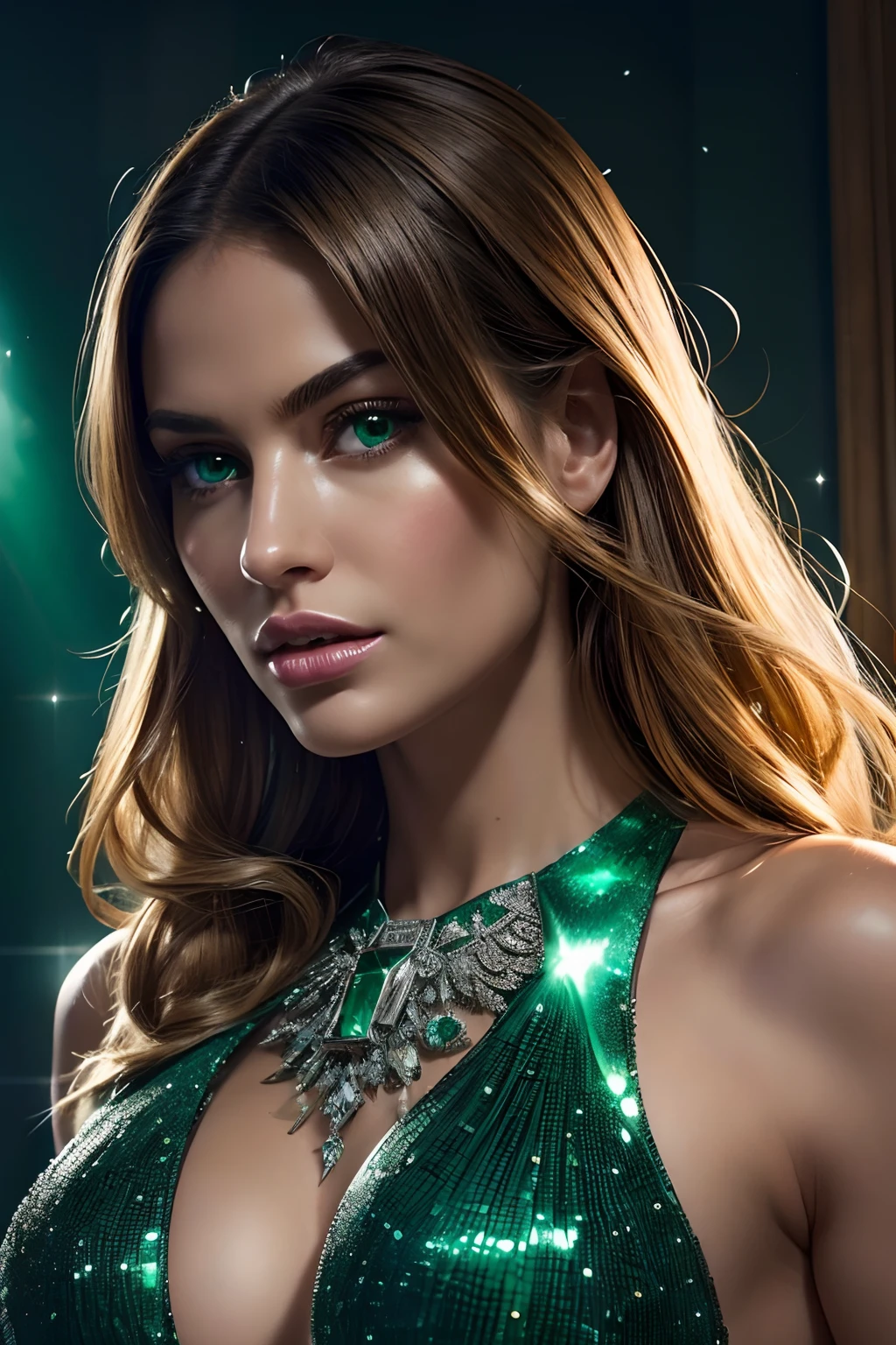 (best quality, ultra-detailed, realistic:1.37), large sparkling emerald gemstone, polished and valuable, contrasting with the power of green rays, illustrations, portrait, vivid colors, luxurious lighting