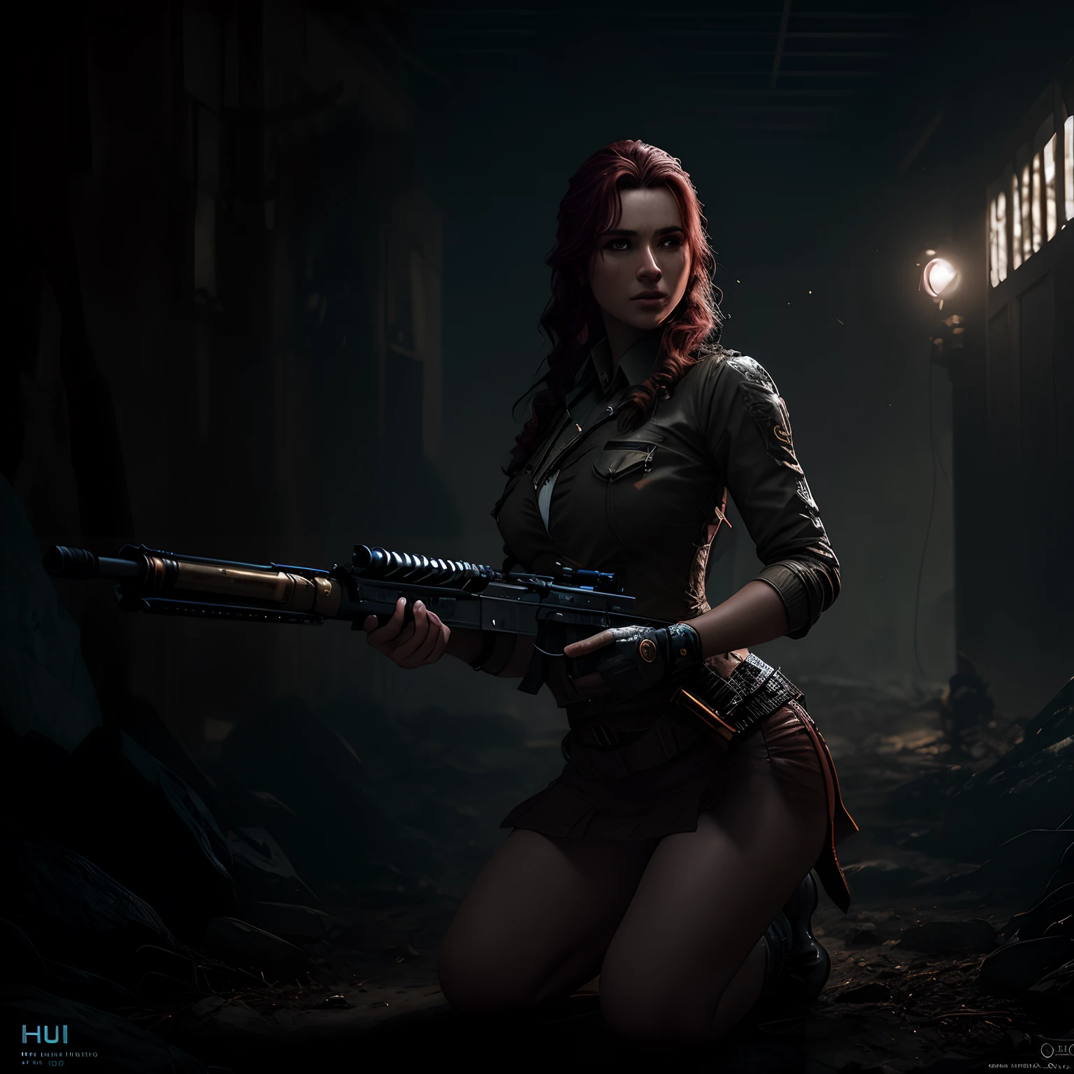 mulher cabelo comprido, preso com um rabo de cavalo, ruiva, tomado,arafed com uma espingarda de cano duplo, em um campo escuro, lobisomens em volta, olhos vermelhos brilhantes em toda parte arte conceitual escura fotorrealista, cinematic photograph concept art, Wojtek FUS, cinemactic. por Fabiano Queiroz, Tithi Luadthong, cinematic moody lighting, trending on artstation hd, Por Maxim Verehin, Directed by: Raimundo Han, videogame render, CGCsociedade inspirada, Inspirado em Maxim Verehin
