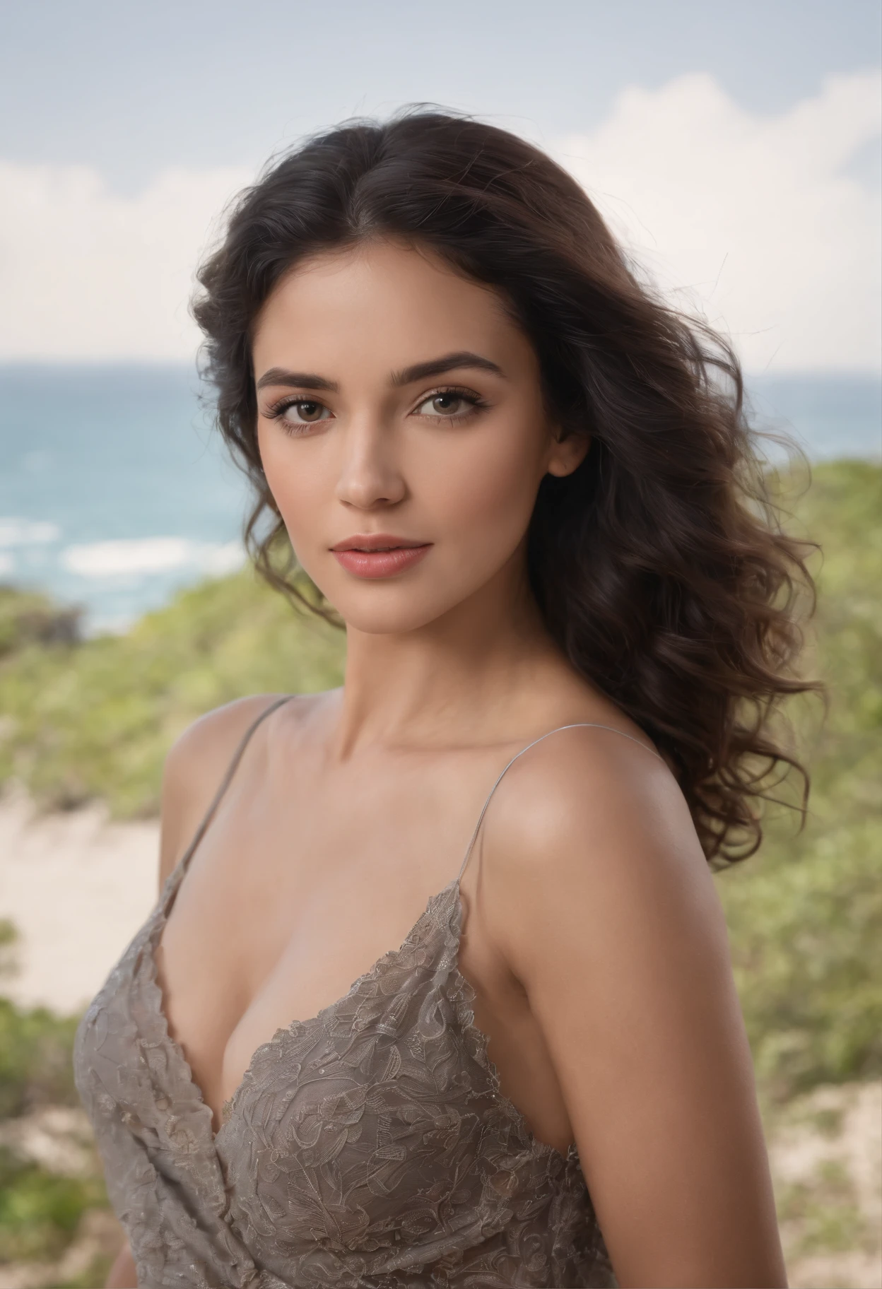 (((Un profonde sexappeal ))) mixed complexion, woman about 27 years old, black curly hair, naturels, Yeux verts distinctifs, mince et gracieux, beau,origaine des antilles , Mise au point ultra nette, Realistic shooting, Sexy realistic but covered women's clothing, couleurs tropicale