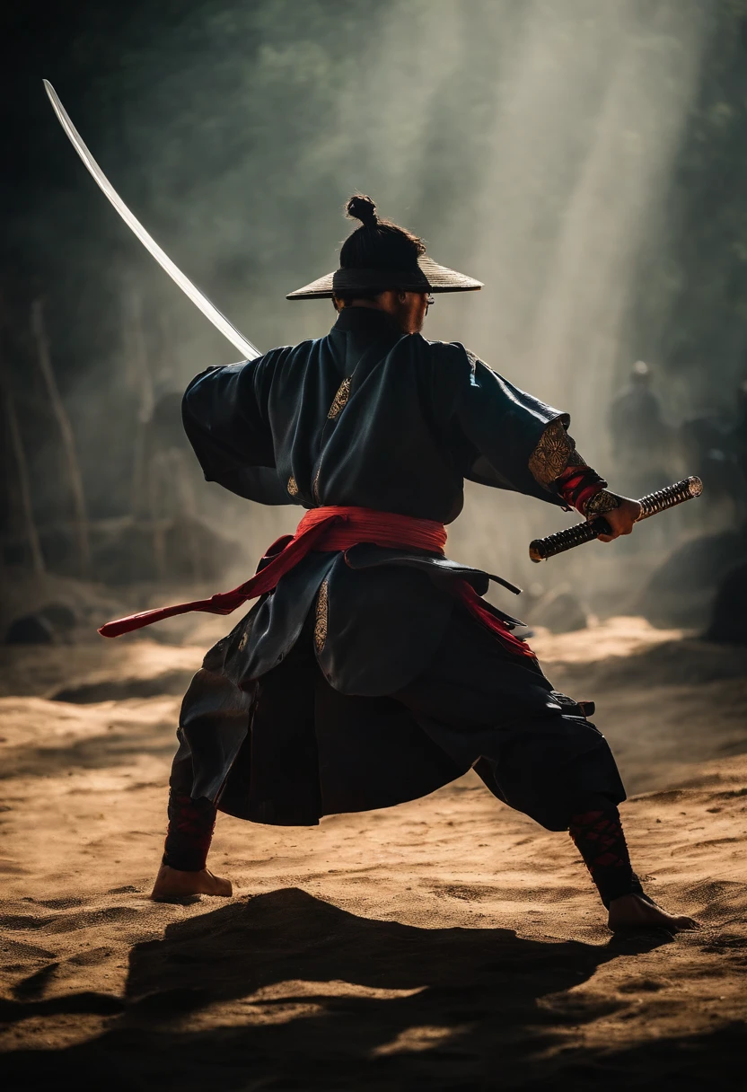Espadachim Samurai: Crie uma imagem mostrando um guerreiro samurai demonstrando esgrima excepcional, with his blade slicing through an opponent, displaying his unparalleled skill, epics, 8k
