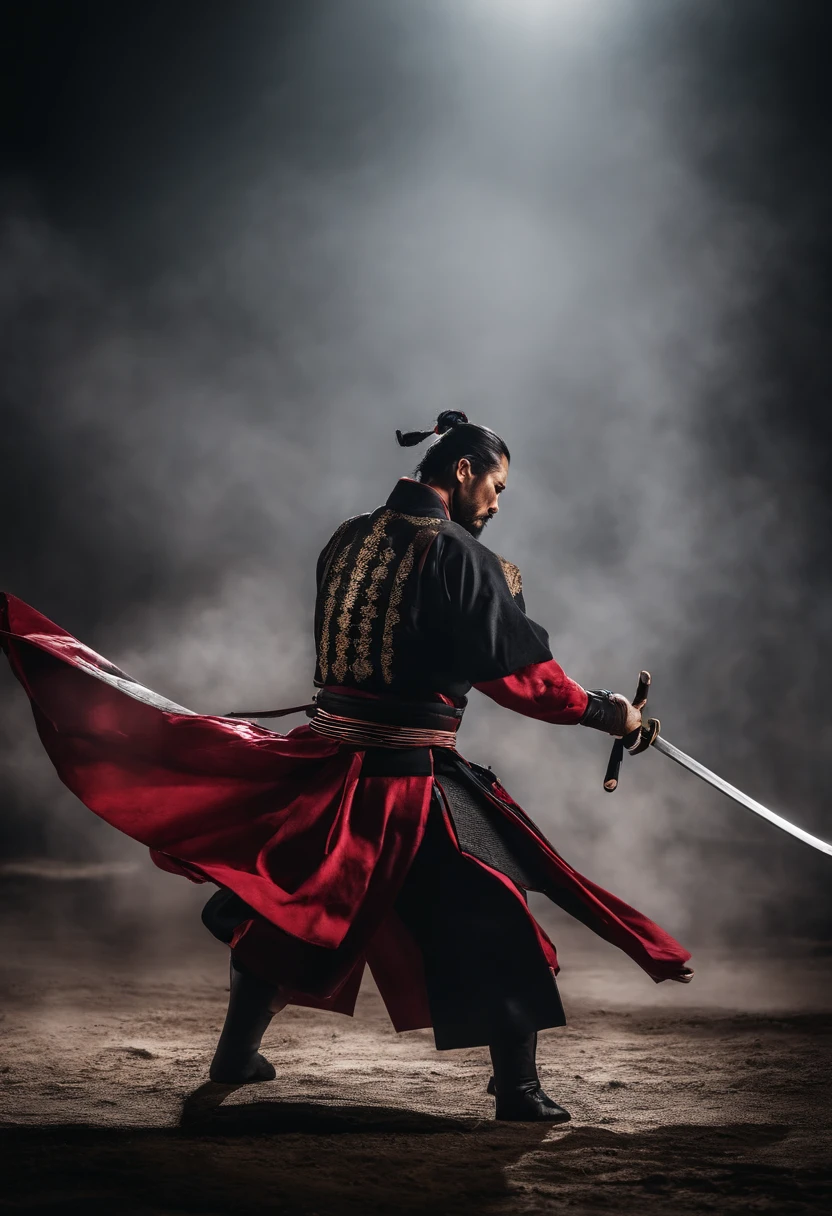 Espadachim Samurai: Crie uma imagem mostrando um guerreiro samurai demonstrando esgrima excepcional, with his blade slicing through an opponent, displaying his unparalleled skill, epics, 8k