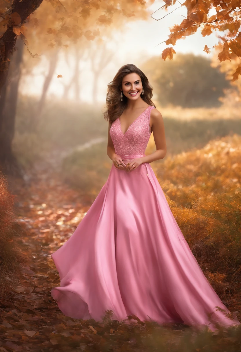 A beautiful woman wearing a pink dress and smiling, broken high detail, photorealistic, pink october, realistic:1.5