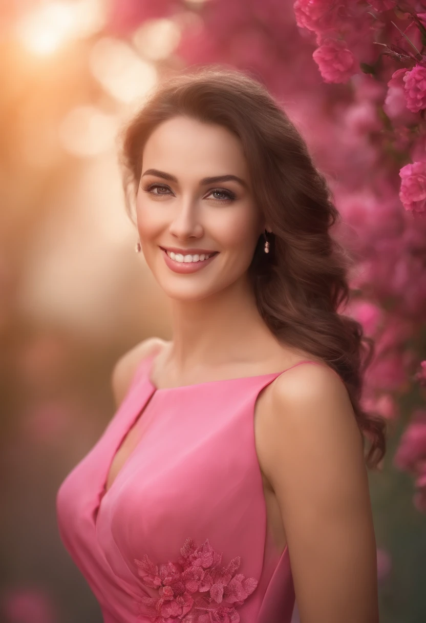 A beautiful woman wearing a pink dress and smiling, broken high detail, photorealistic, pink october, realistic:1.5