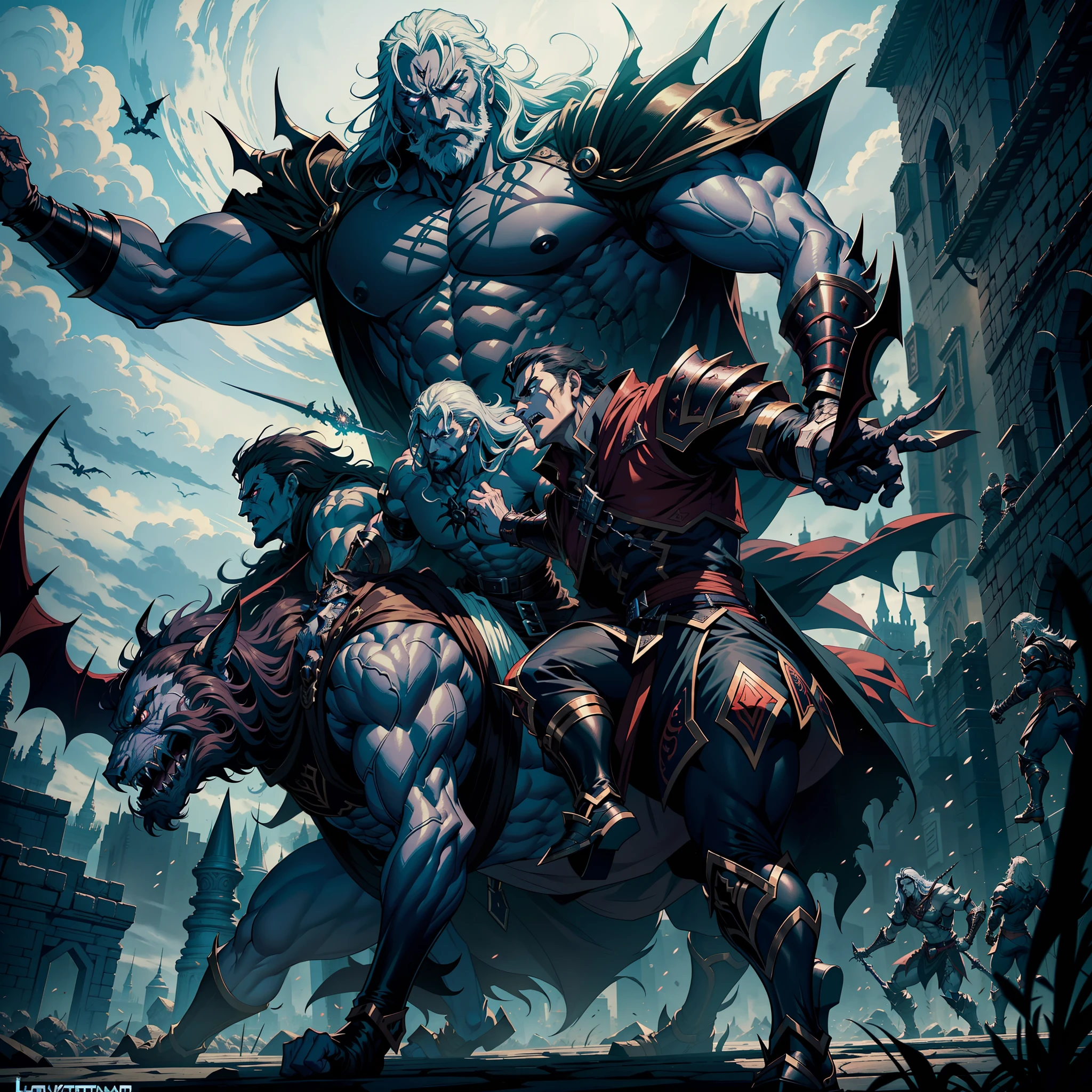 Castlevania Shadow Lord hyper realistic super detailed Lord Dracula handsome muscular wearing angry Islamic armor leading troops armed with demons into battle 3points perspective view bottom shot hyper realistic super detailed Dynamic shot Cinematic scenes from the movie Correct characters Anatomy Correct proportions Dynamic poses