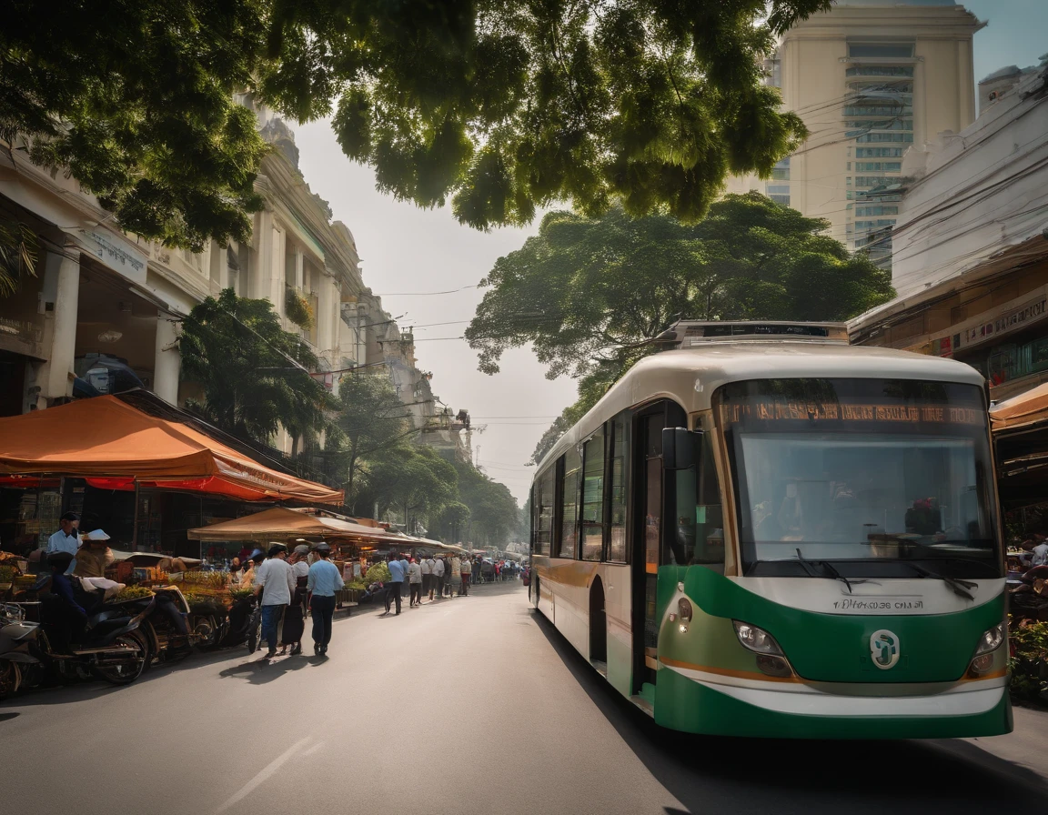 Design a photo of Ho Chi Minh City in Vietnam, including Land mark81,  Bitexco Financial Tower, building, Notre Dame house, Ben Thanh market, transportation system, roads, trees, 1 bus, 1 tram, 1 car , sky greem