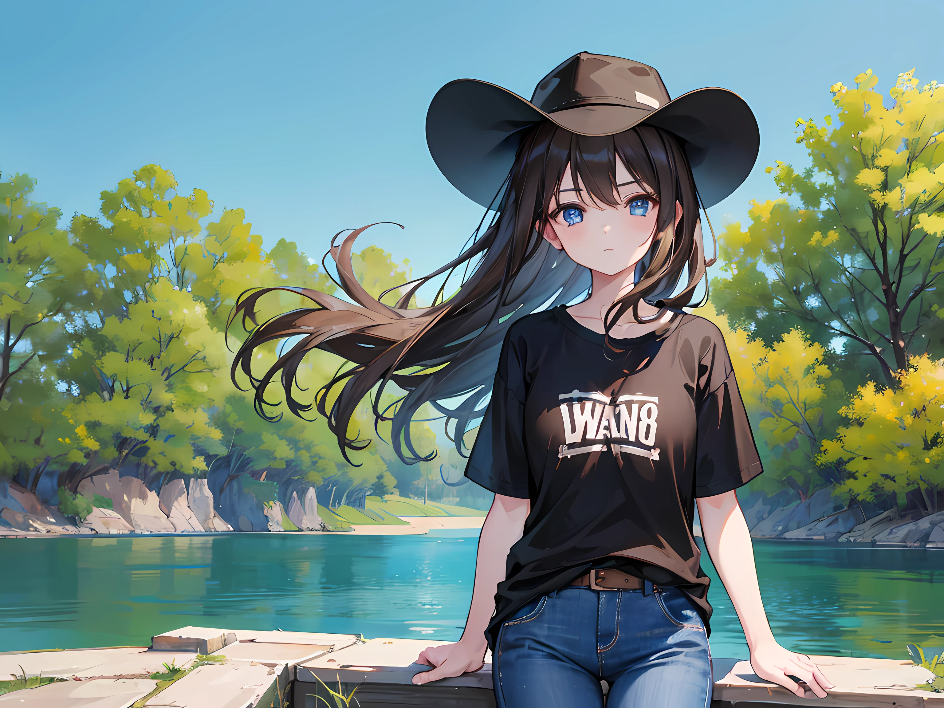 1girl, medium brown hair, blue eyes, wearing jeans and black t-shirt, standing near a lake, with a hat, holding her hair, high res, ultrasharp, 8k, masterpiece, looking at viewer